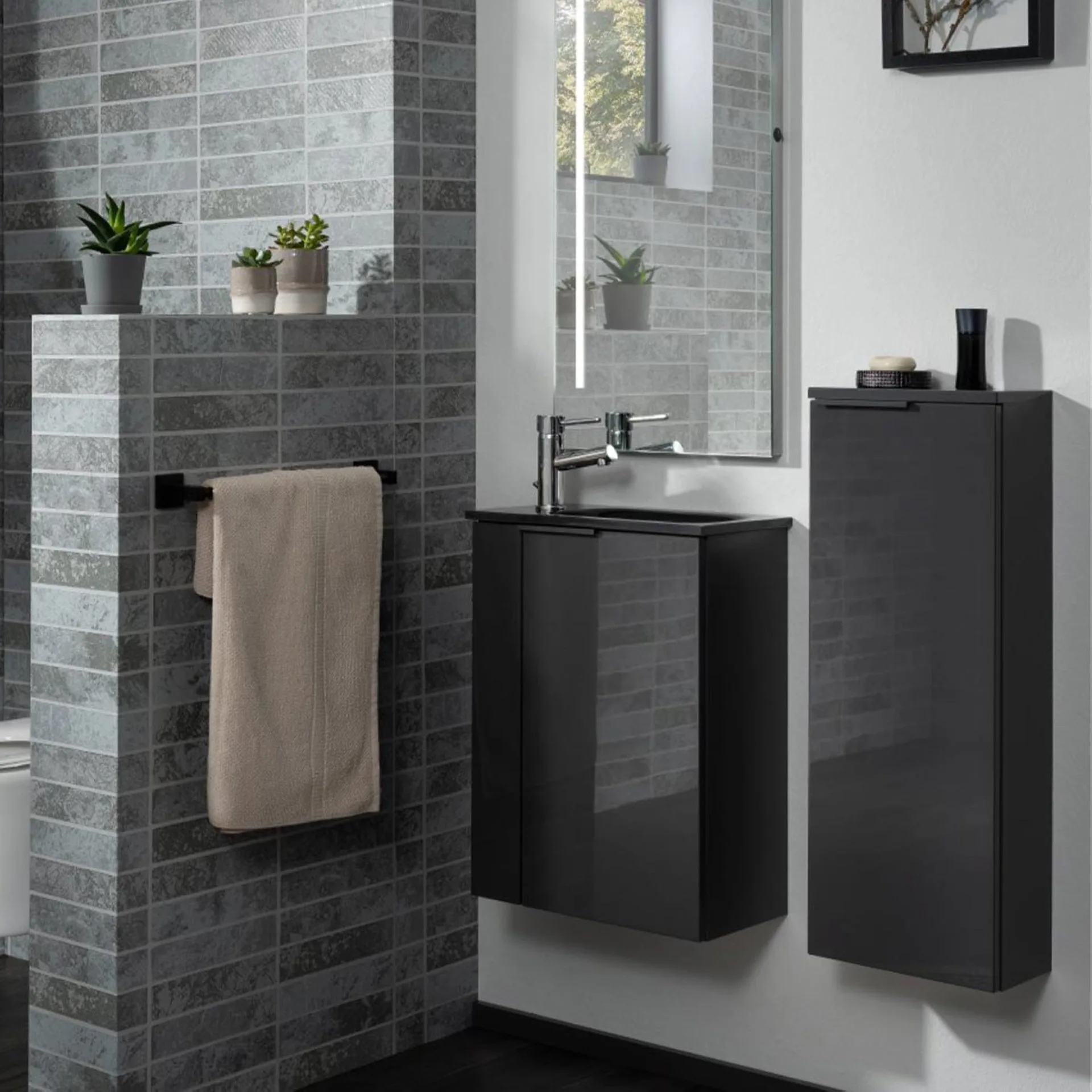 FACKELMANN SBC LUNA Waschbeckenunterschrank Gäste WC 45 cm breit, Anthrazit, Türanschlag rechts