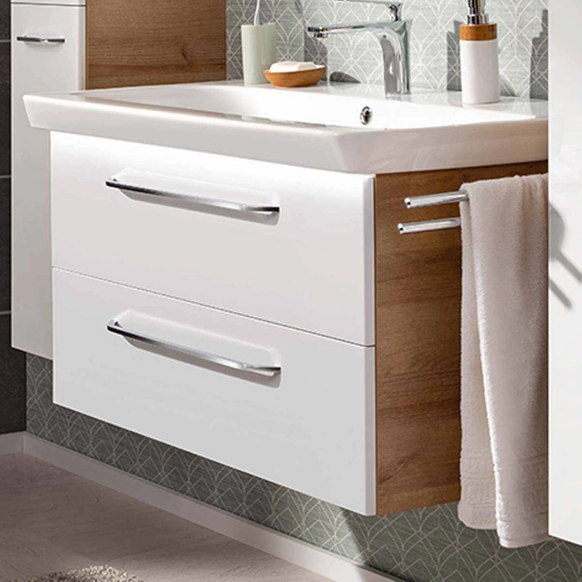 FACKELMANN MILANO Waschbecken mit Unterschrank 88 cm breit, Weiß/Braun hell, Waschbecken Keramik Weiß