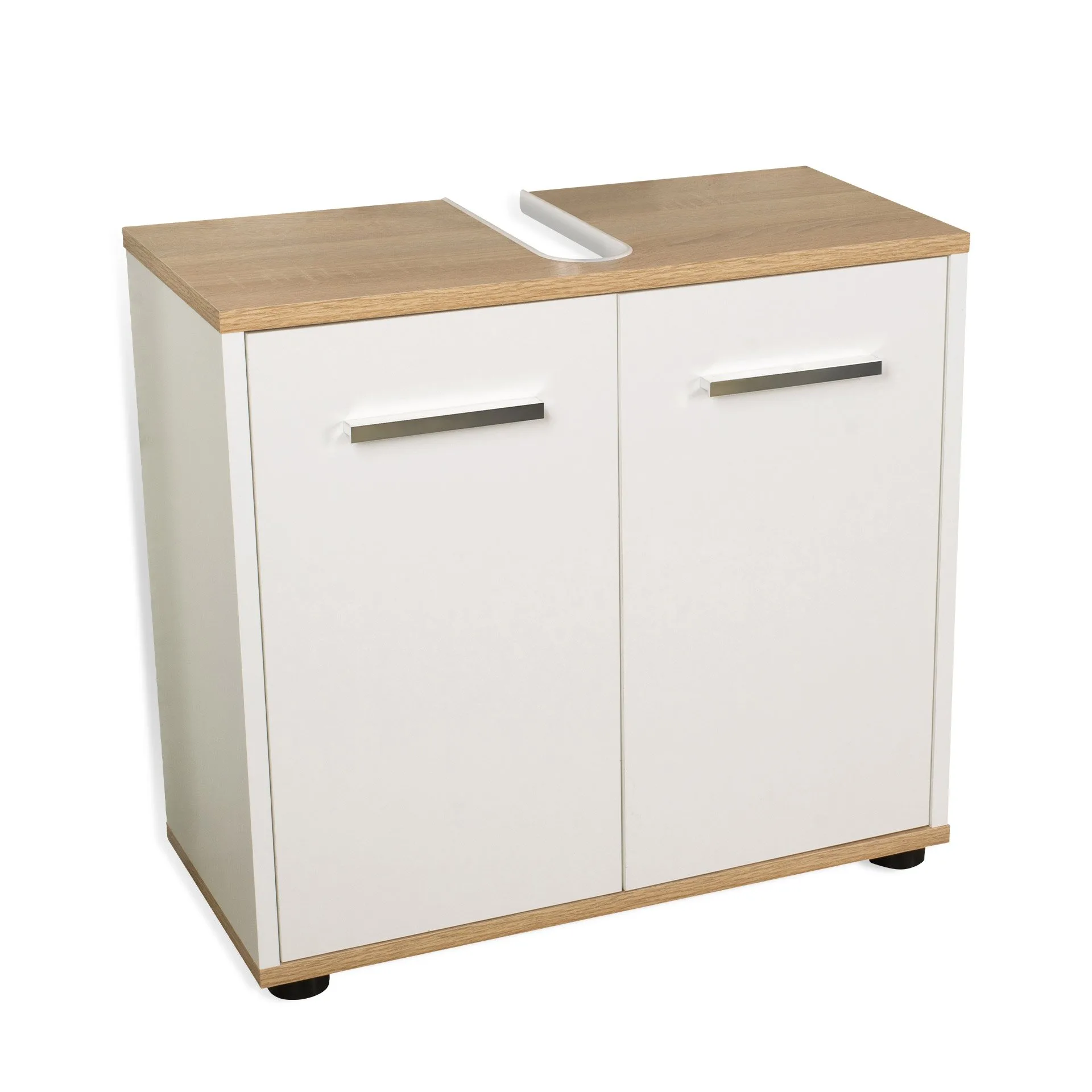 BADEDU ARC Waschbeckenunterschrank 60 cm breit, Weiß/Braun hell