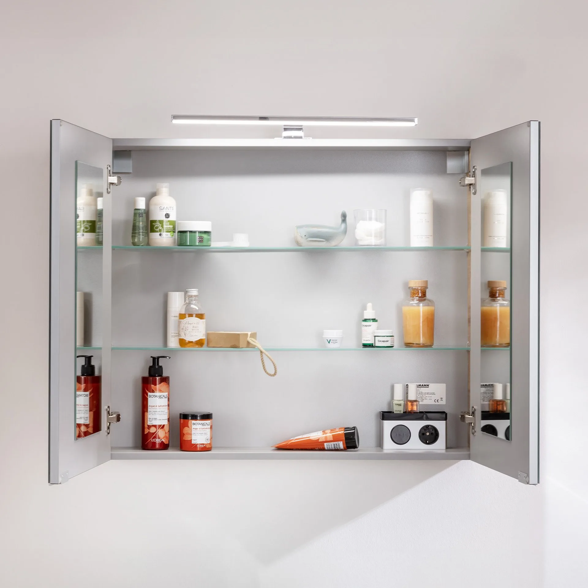 FACKELMANN B.BRILLLANT Waschtisch Set mit Spiegelschrank 80 cm breit, Anthrazit Glas/Braun hell, Waschbecken Glas Weiß