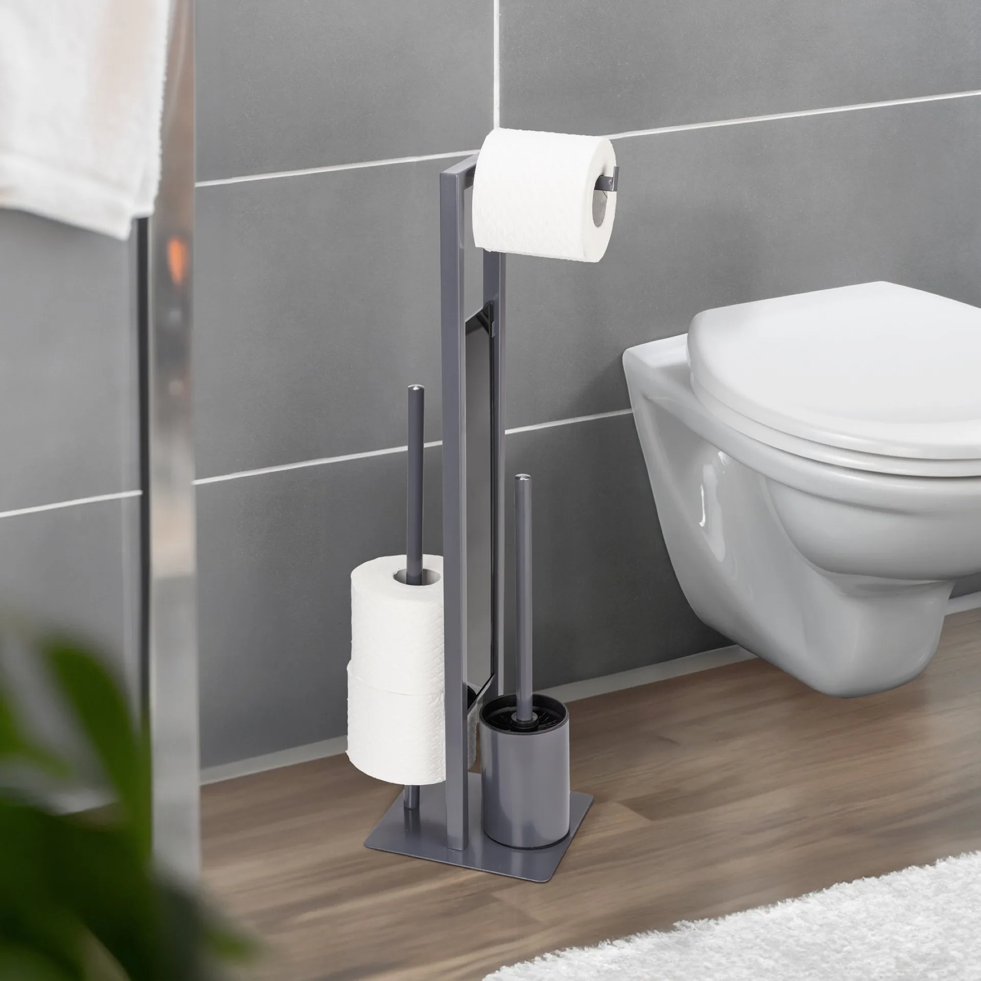 WENKO RIVALTA WC-Garnitur, Grau, Bambus, mit Toilettenpapierhalter und Bevorrater, stehend