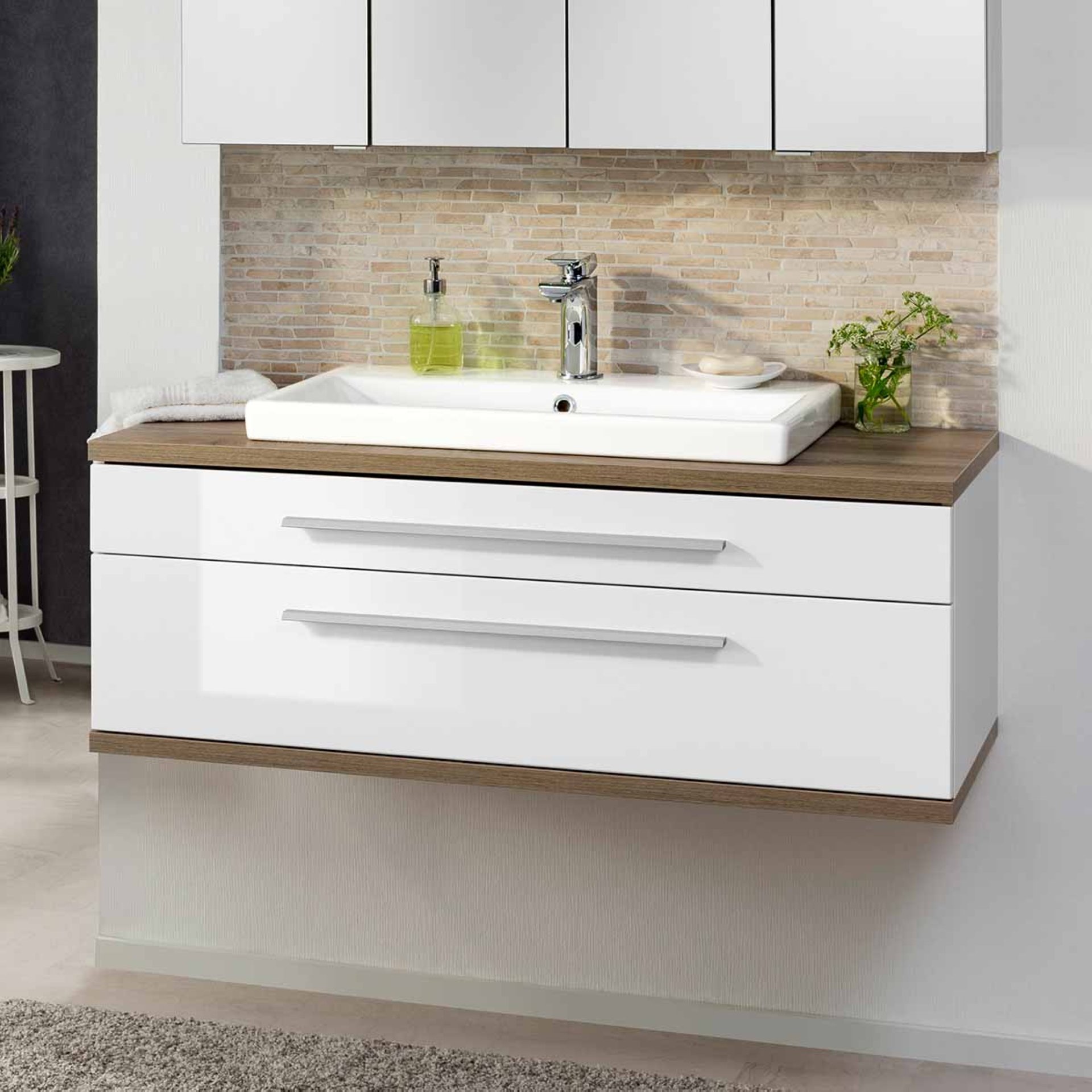 FACKELMANN STANFORD Waschbecken mit Unterschrank 110 cm breit, Weiß, Waschbecken Keramik Weiß