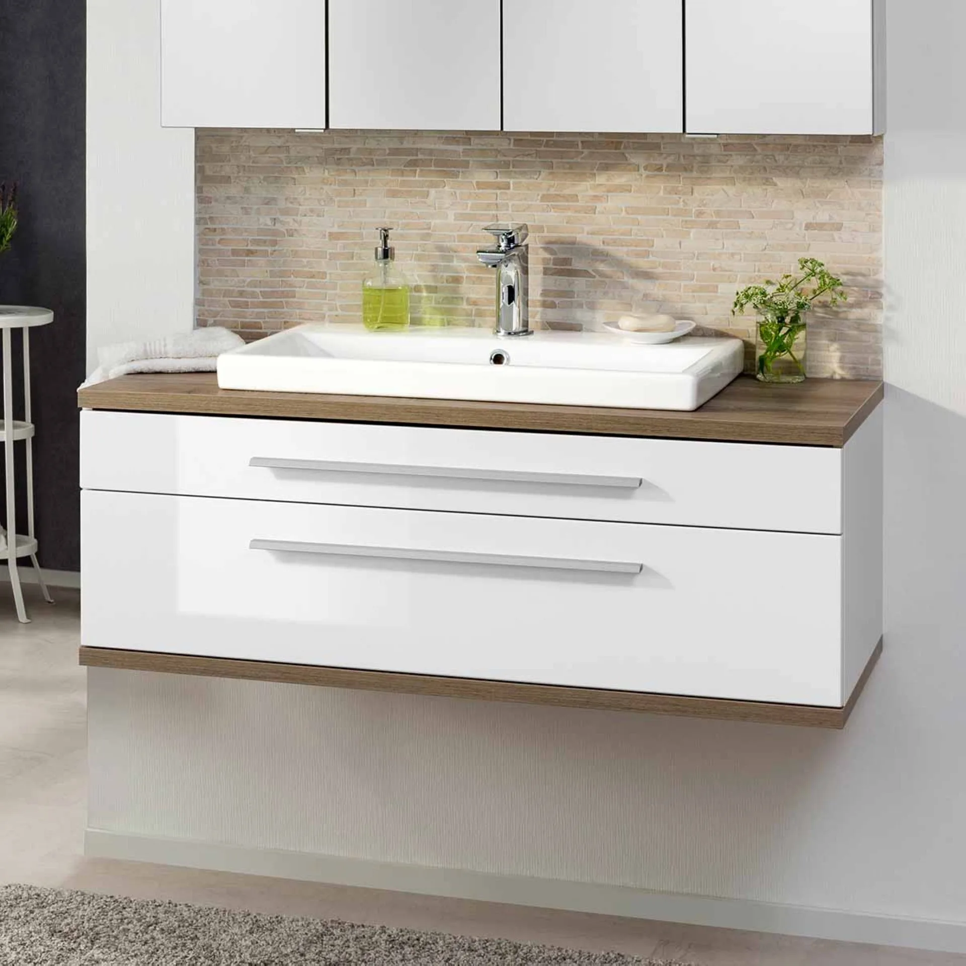 FACKELMANN STANFORD Waschbecken mit Unterschrank 110 cm breit, Weiß, Waschbecken Keramik Weiß