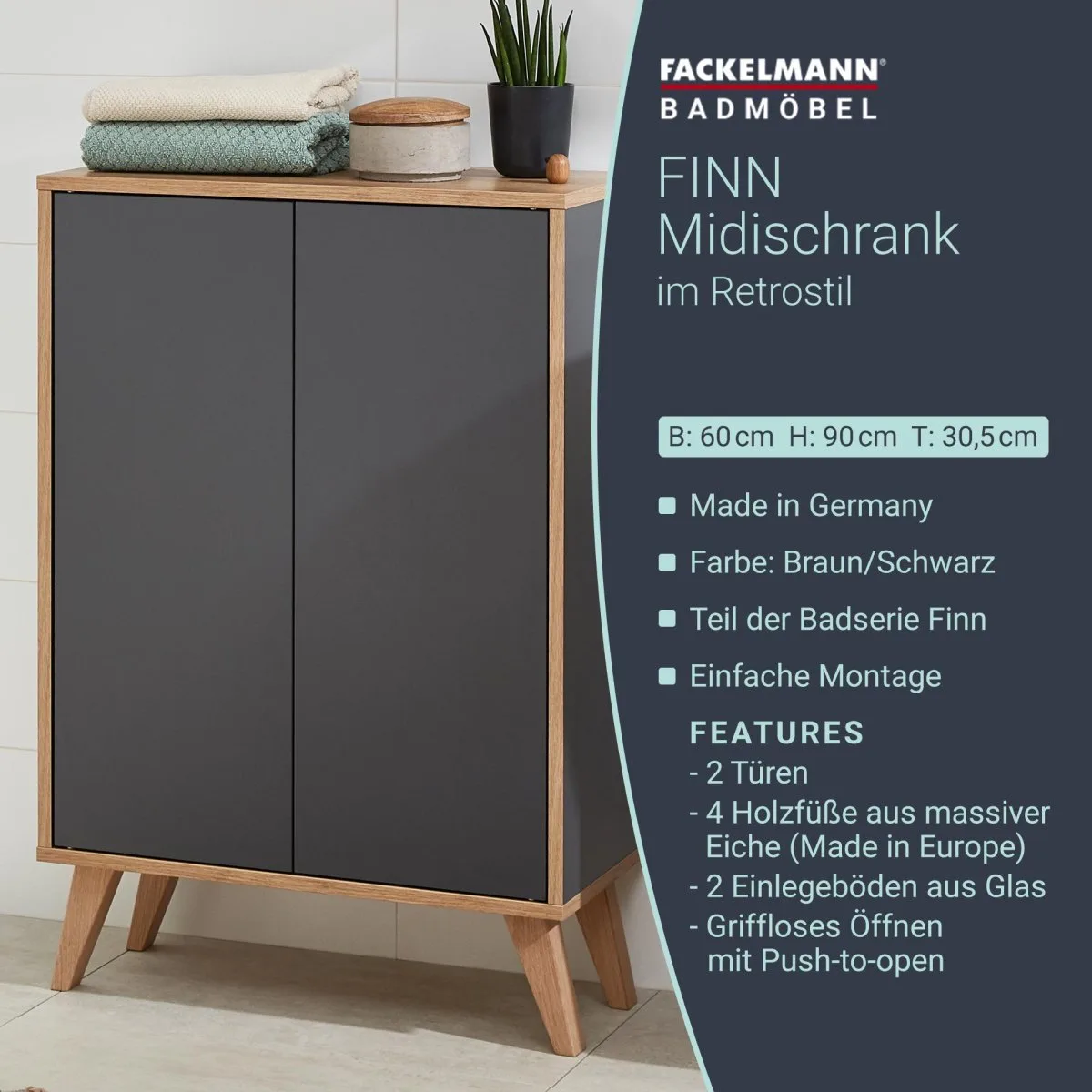 FACKELMANN FINN Doppel Midischrank 60 cm breit, Anthrazit/Braun hell + Holzfüße