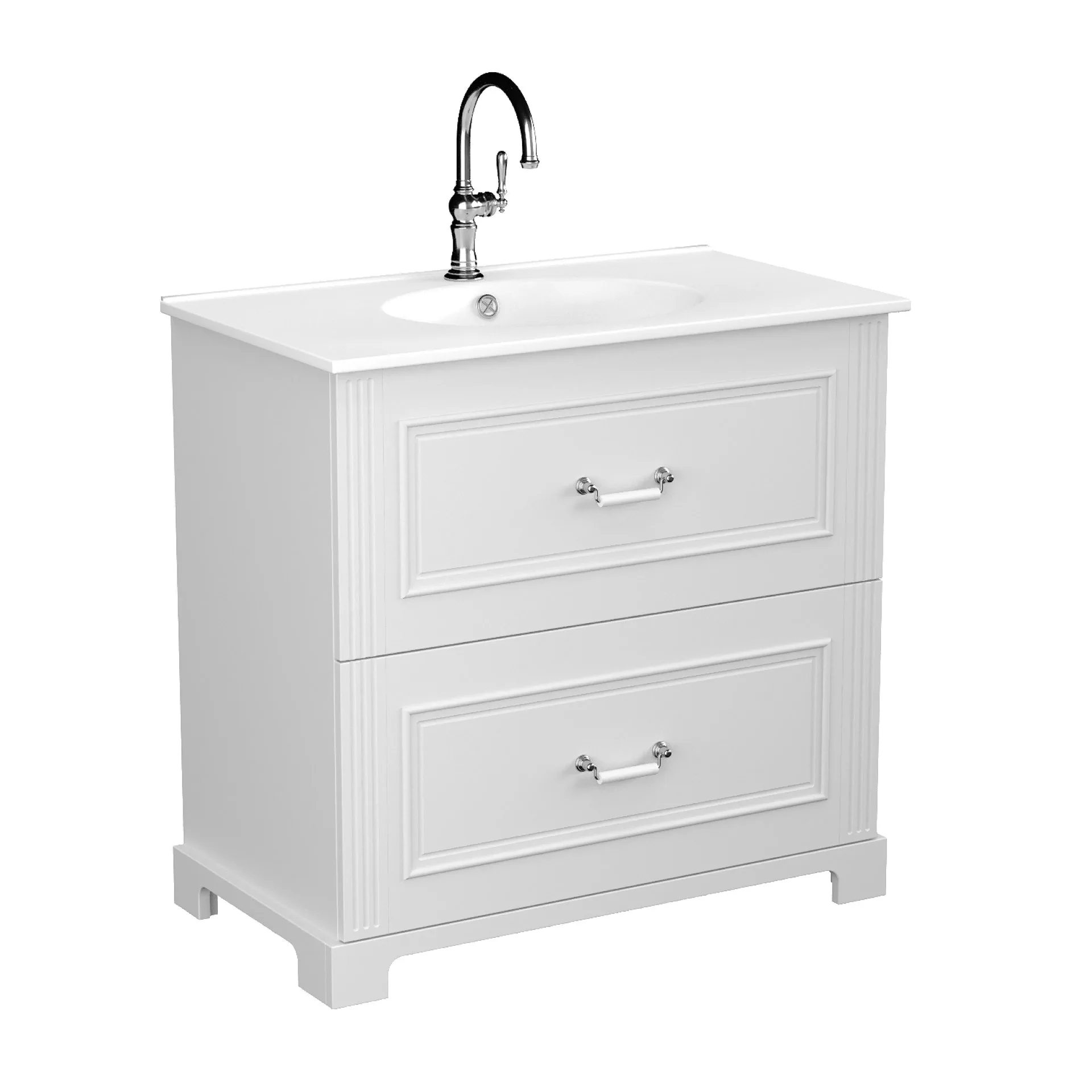 BADEDU RILA Waschbecken mit Unterschrank 80 cm breit, Weiß matt, Waschbecken Keramik Weiß, mit Füßen