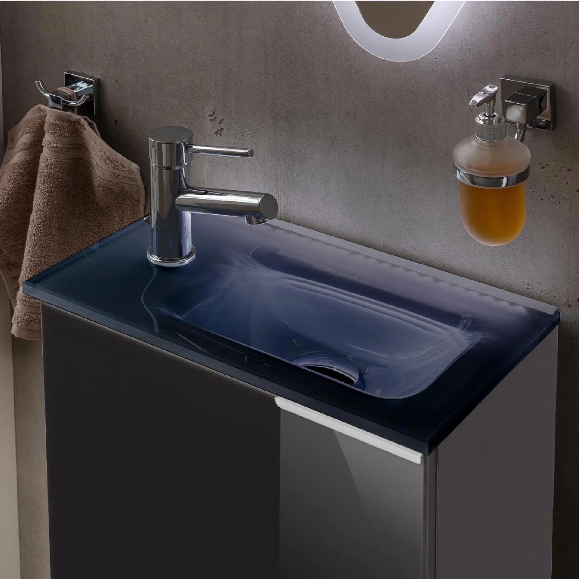 FACKELMANN SBC KARA Gäste WC Waschtisch Set 45 cm breit, Anthrazit, Waschbecken Glas Anthrazit, Türanschlag links