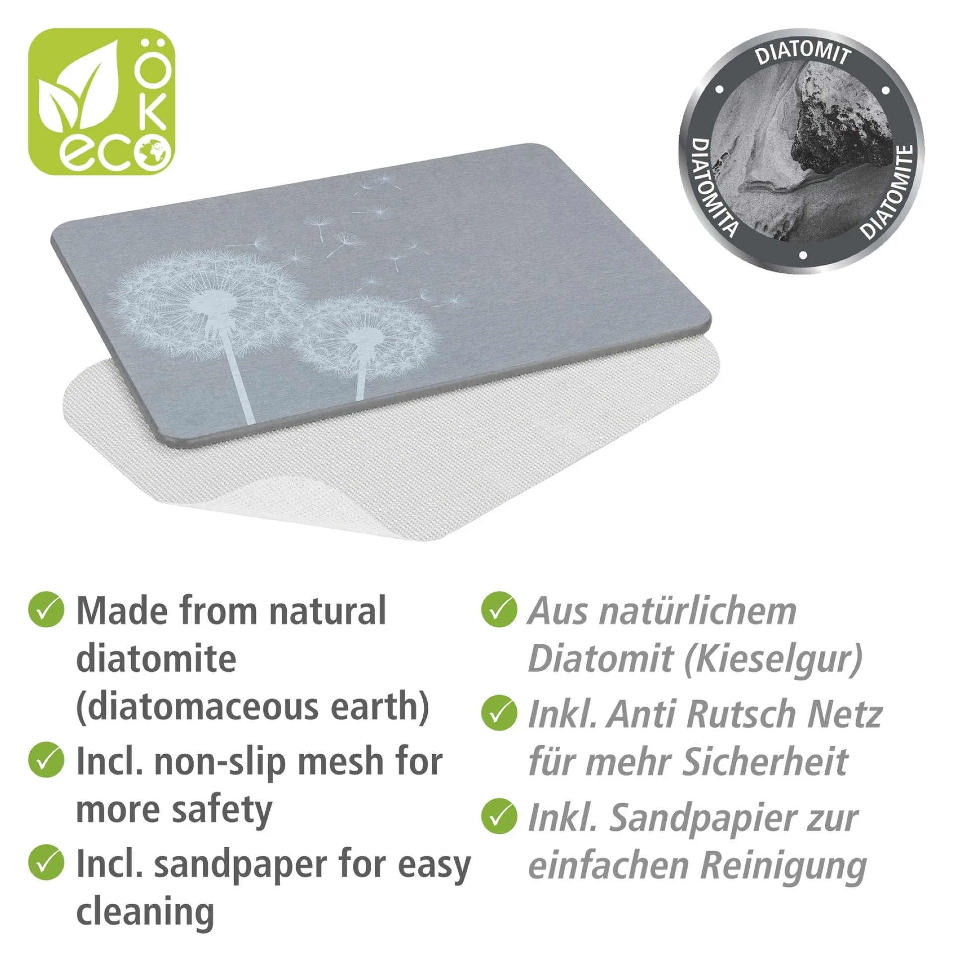 WENKO ASTERA Badematte 60 x 39 cm, Grau, aus natürlichem Diatomit