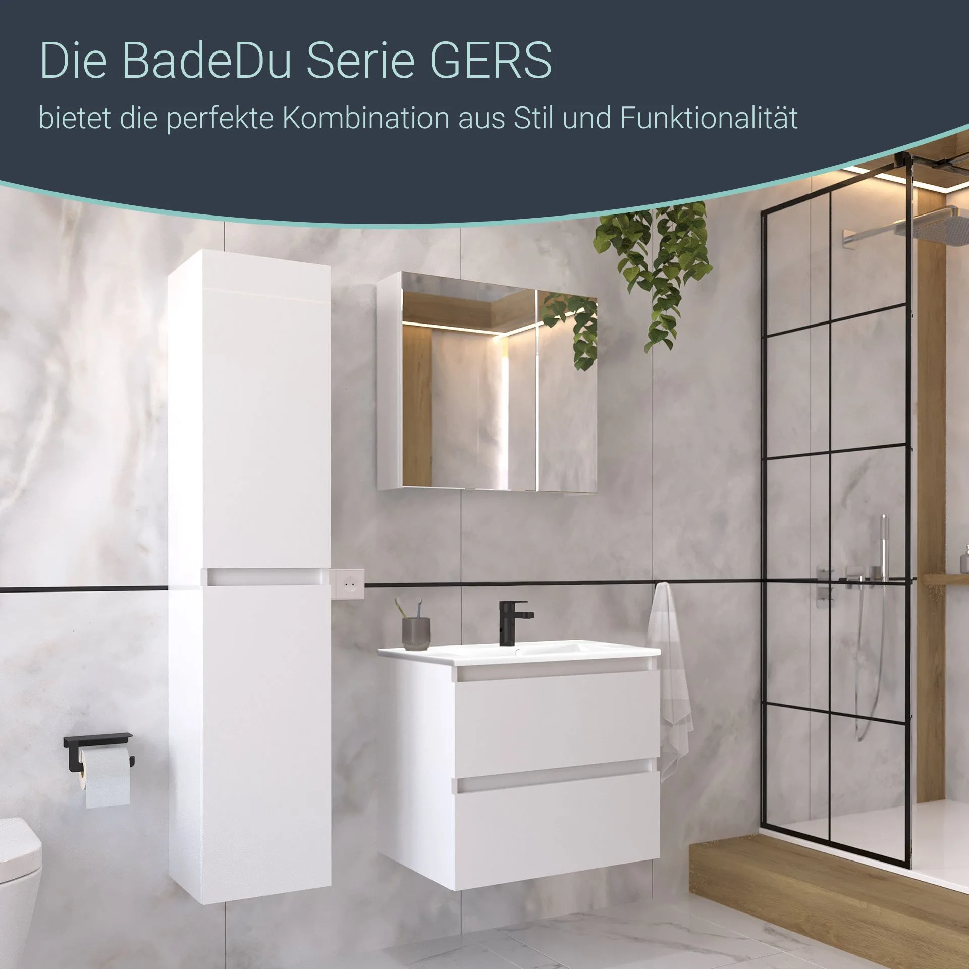 BADEDU GERS Waschbecken mit Unterschrank 60 cm breit, Weiß, Waschbecken Keramik Weiß