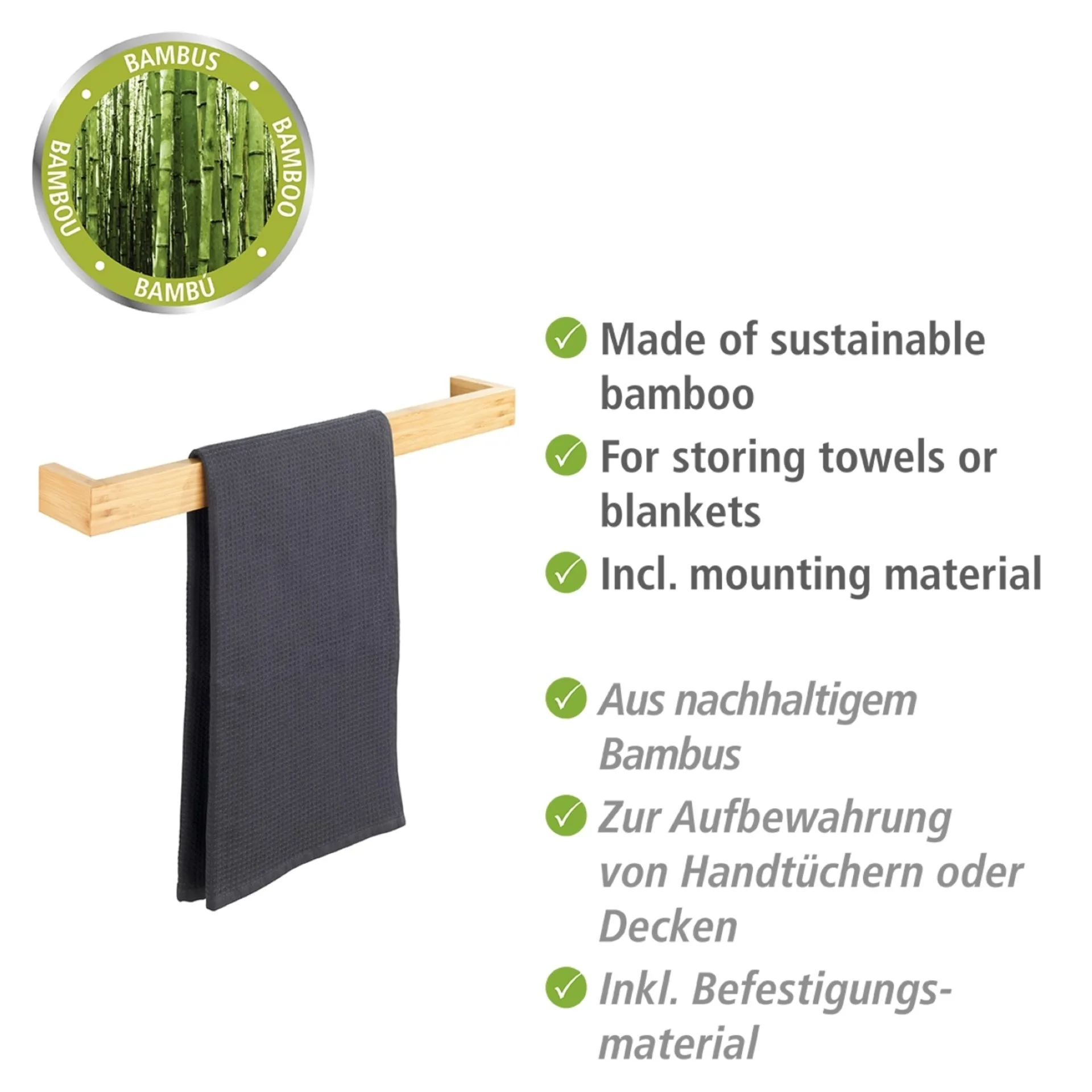 WENKO BAMBUSA Handtuchhalter 60 cm breit, Braun, aus Bambus
