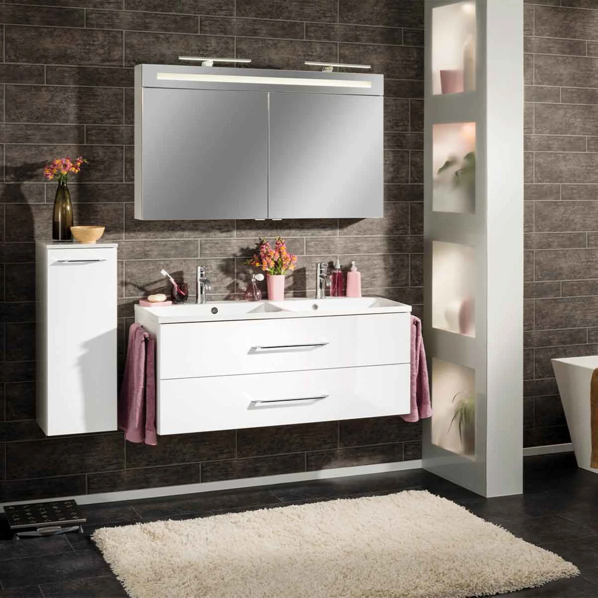 FACKELMANN B.CLEVER Waschbecken mit Unterschrank 120 cm, Weiß, Doppelwaschbecken Gussmarmor Weiß