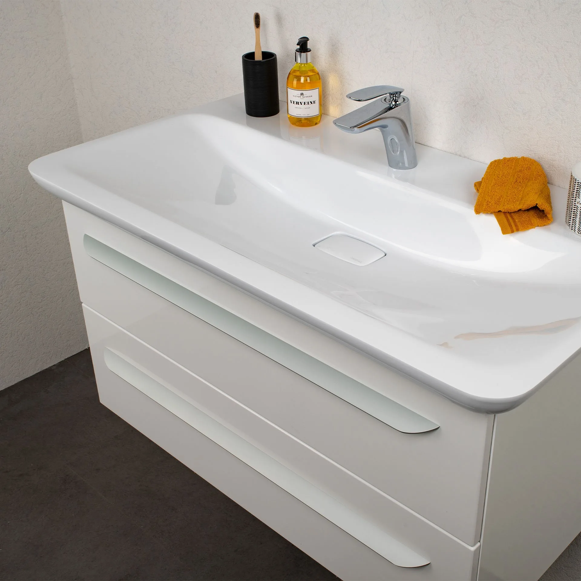 LANZET M9 Waschtisch Set mit Spiegelschrank 100 cm breit, Weiß, Waschbecken Gussmarmor Weiß + Waschbeckenbeleuchtung