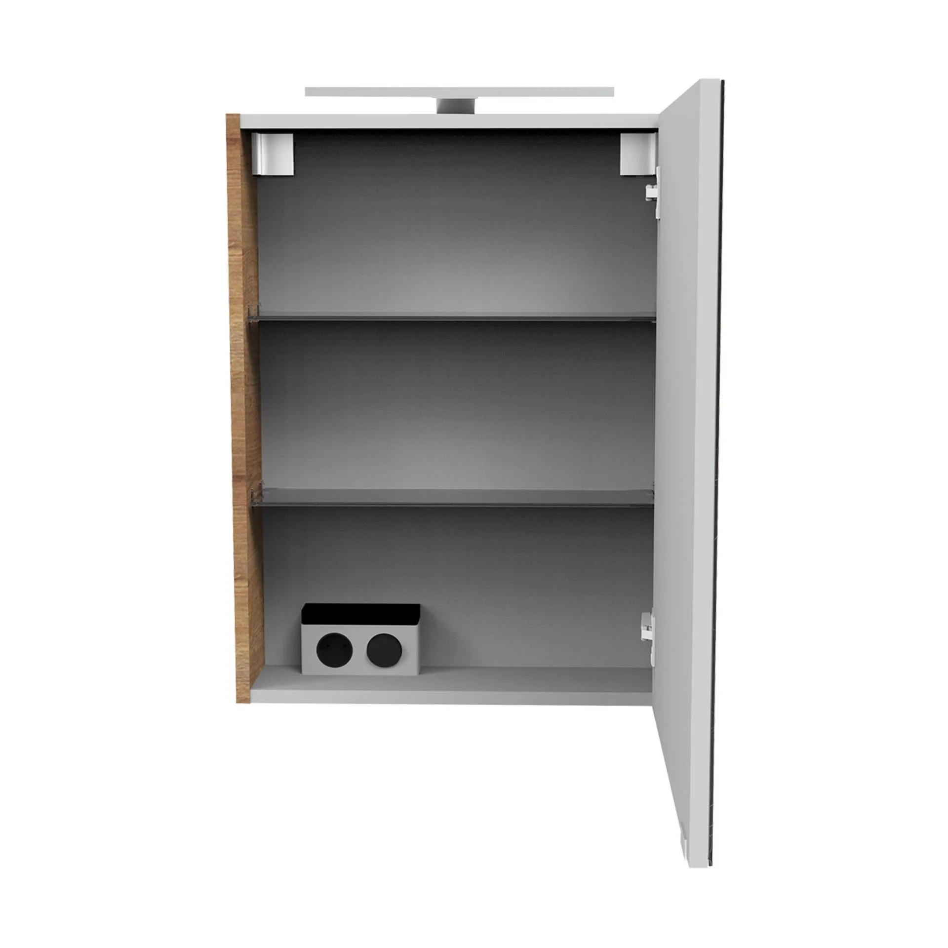 FACKELMANN SBC MILANO Gäste WC Spiegelschrank 50 cm breit, Braun hell, Türanschlag rechts + Aufsatzleuchte