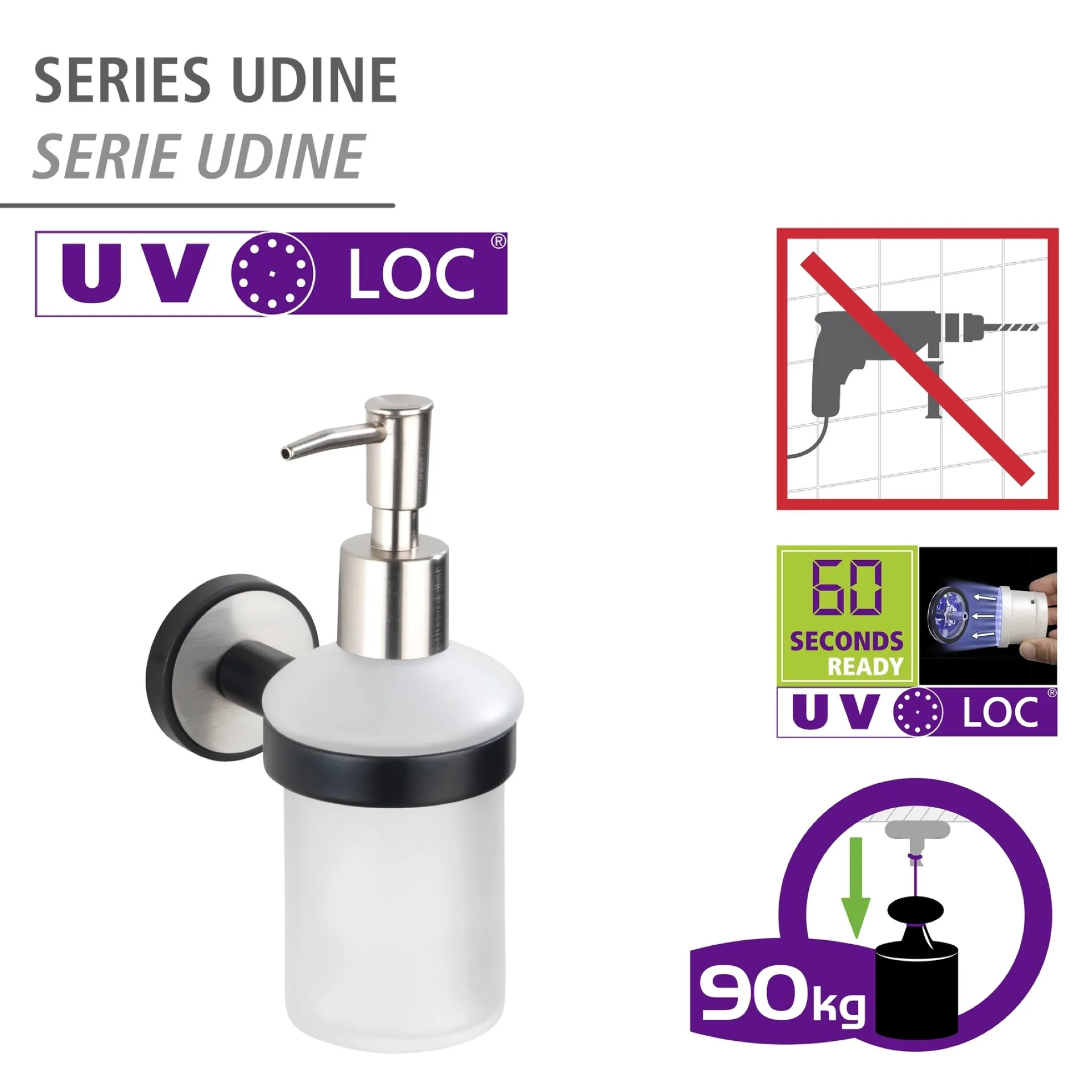 WENKO UDINE Seifenspender 200 ml, Schwarz/Silber, Edelstahl rostfrei, UV-Loc