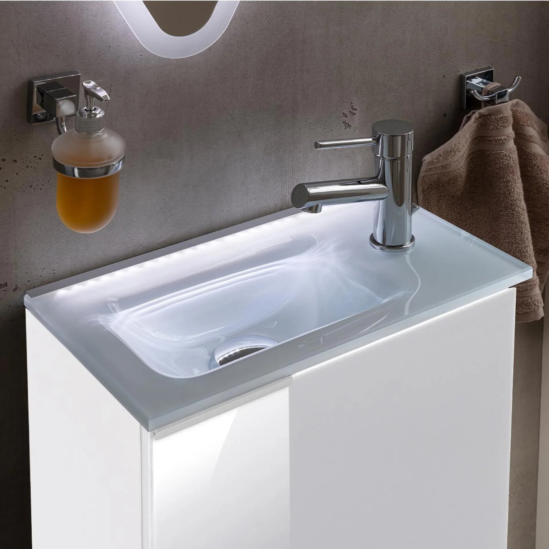 FACKELMANN SBC KARA Gäste WC Waschtisch Set 45 cm breit, Weiß, Waschbecken Glas Weiß, Türanschlag rechts + Waschbeckenbeleuchtung