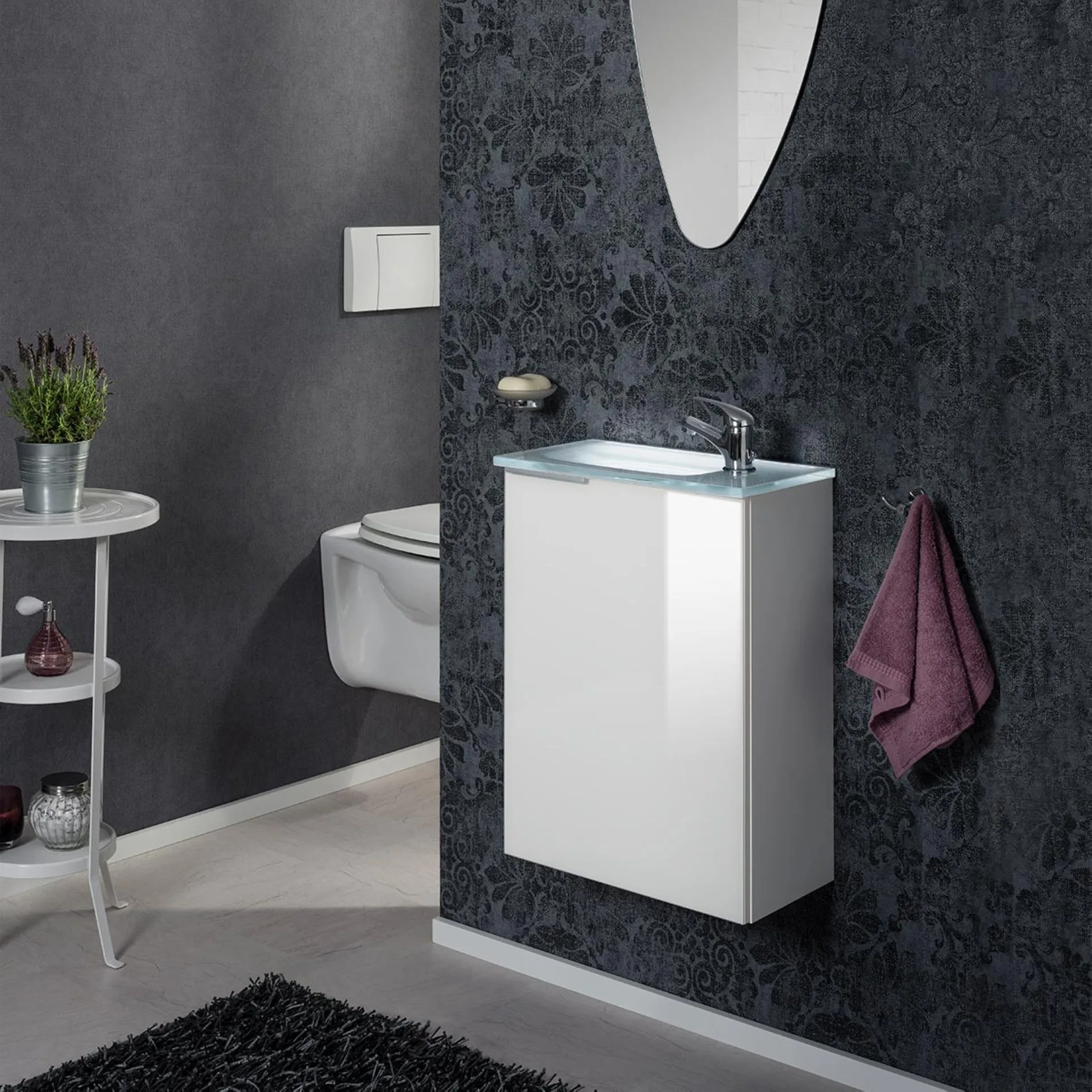 FACKELMANN SBC KARA Gäste WC Waschtisch Set 45 cm breit, Weiß, Waschbecken Glas Weiß, Türanschlag rechts + Waschbeckenbeleuchtung