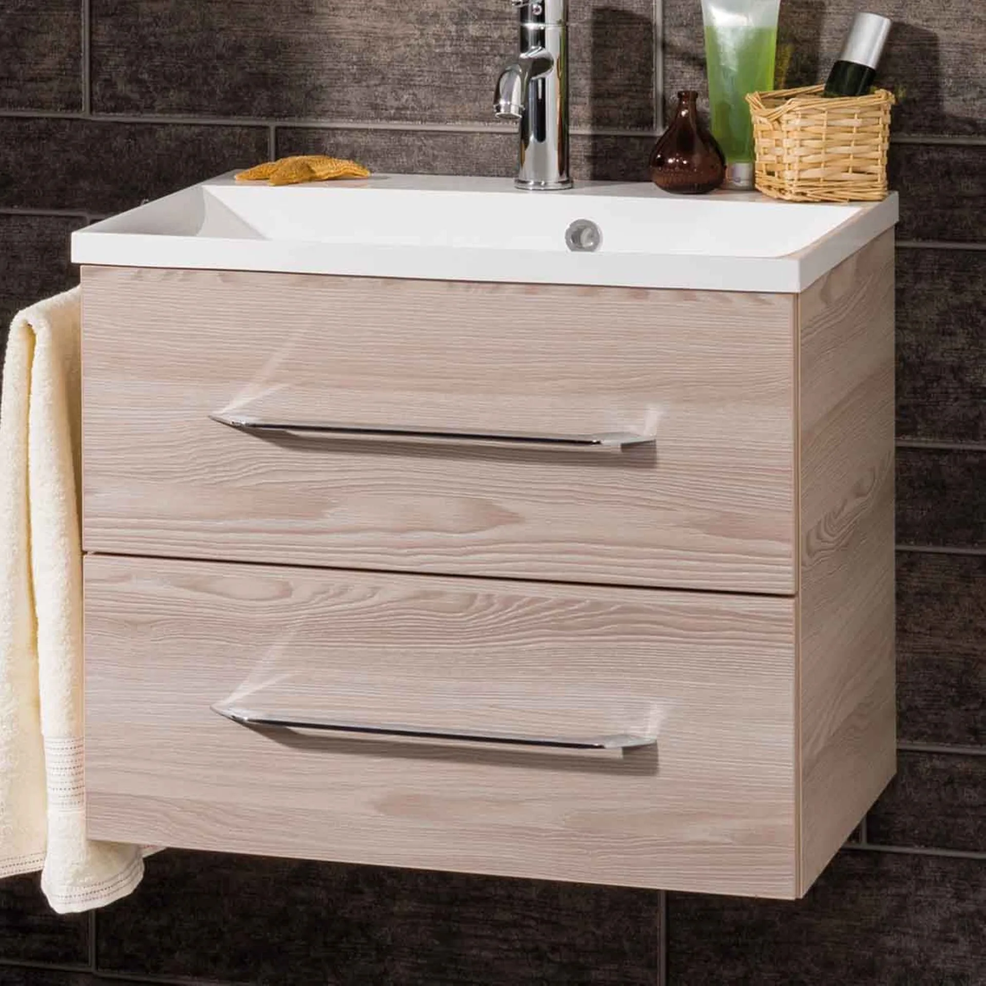 FACKELMANN B.CLEVER Waschbecken mit Unterschrank 60 cm breit, Braun hell, Waschbecken Gussmarmor Weiß