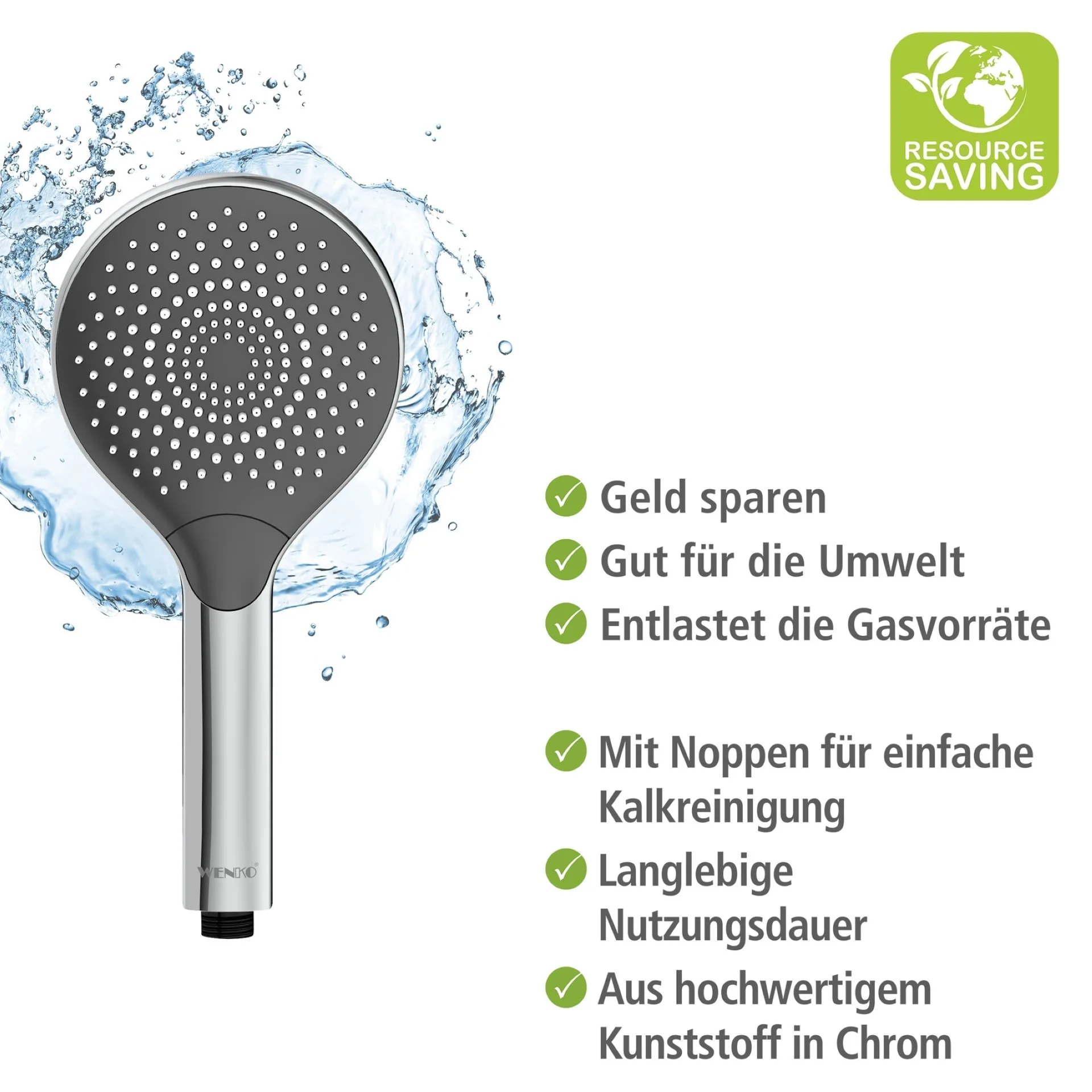 WENKO Duschkopf Ø 12 cm, Chrom/Grau, mit Wassersparsystem, 3 verschiedene Wasserstrahlarten