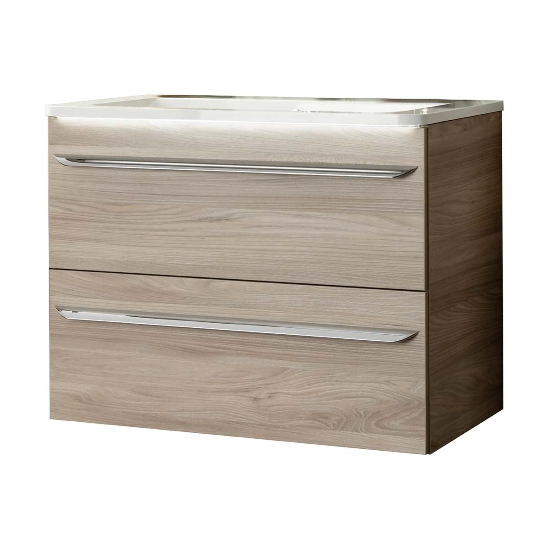 FACKELMANN LUXOR Waschbecken mit Unterschrank 80 cm breit, Braun hell, Waschbecken Gussmarmor Weiß
