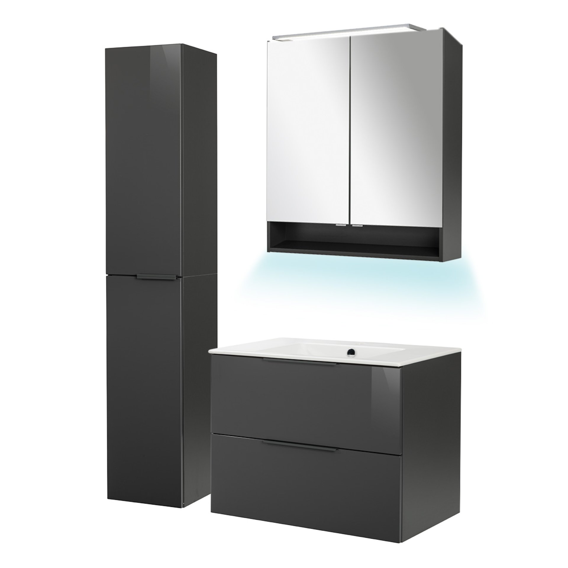 Fackelmann LUNA Badmöbel Set 5-teilig, 80 cm breit, Anthrazit, Keramik+Spiegelschrank+Hochschrank