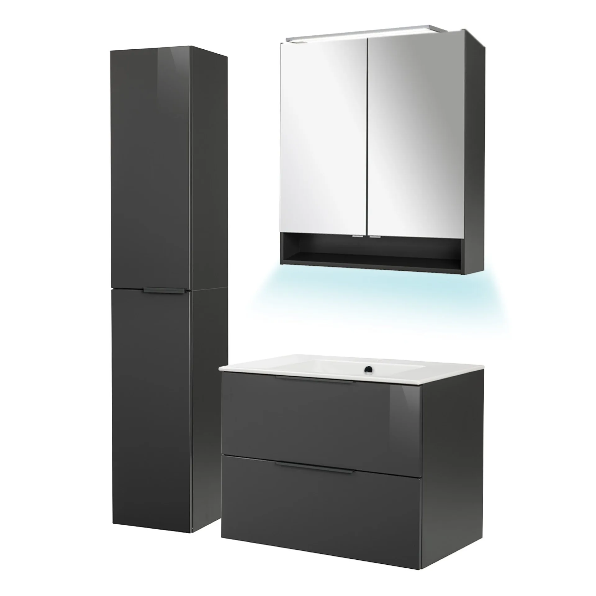 FACKELMANN LUNA Badmöbel Set 5-teilig 80 cm breit, Anthrazit, Waschbecken Keramik Weiß + Hochschrank + Ambientebeleuchtung
