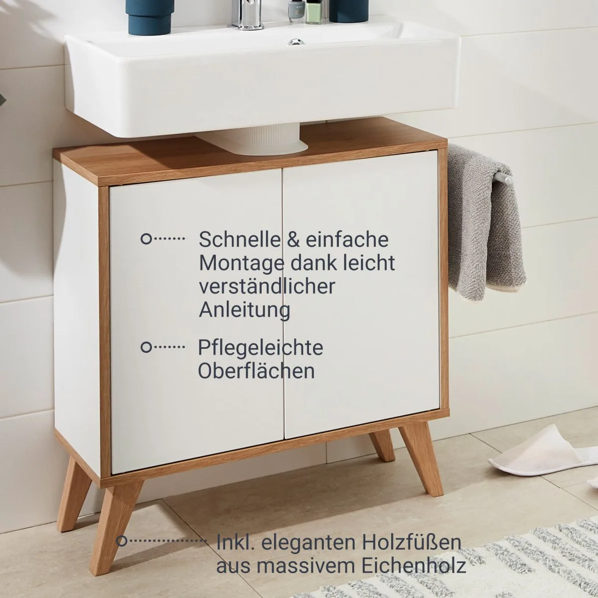 FACKELMANN FINN Waschbeckenunterschrank 60 cm breit, Weiß/Braun hell + Holzfüße