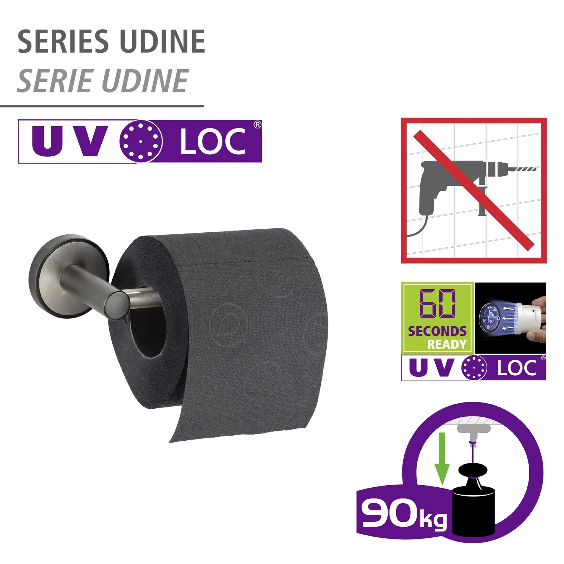 WENKO UDINE Toilettenpapierhalter, Chrom/Schwarz, UV-Loc