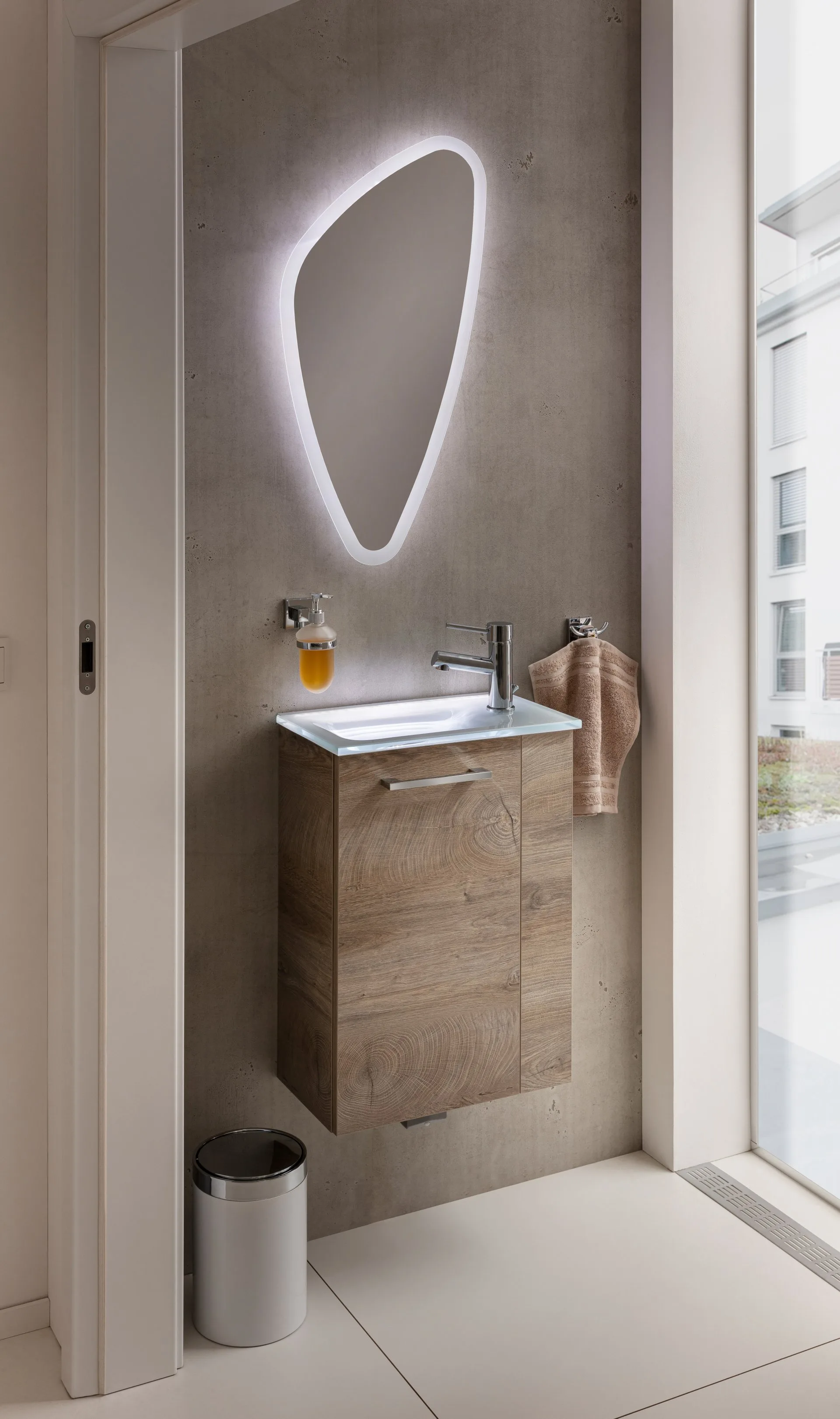 FACKELMANN SBC STANFORD Gäste WC Waschtisch Set 45 cm breit, Braun hell, Waschbecken Glas Weiß, Türanschlag links