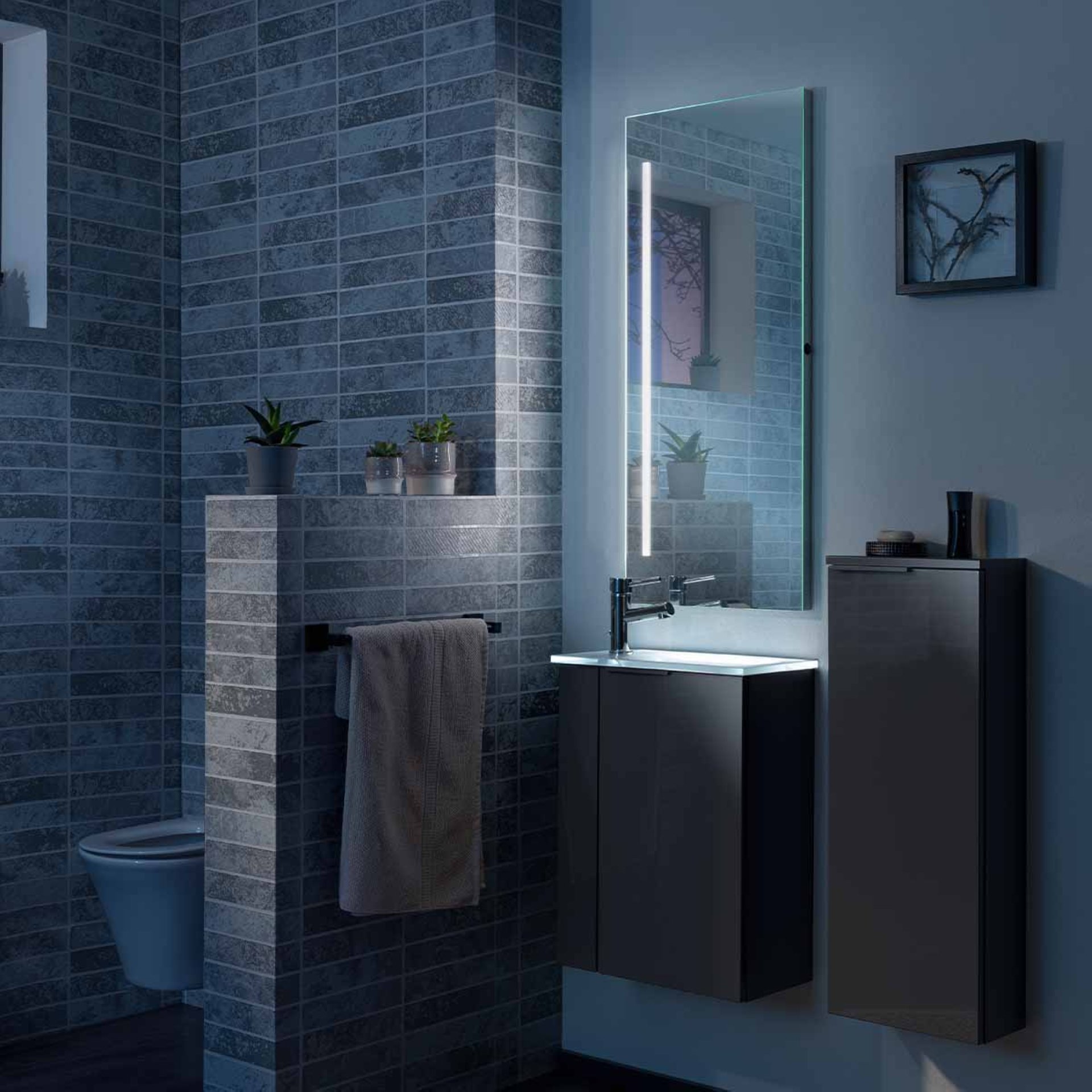 Fackelmann SBC LUNA Gäste WC Set 5-teilig 45 cm, Anthrazit, Glas Weiß beleuchtet+Spiegel+Midischrank slim