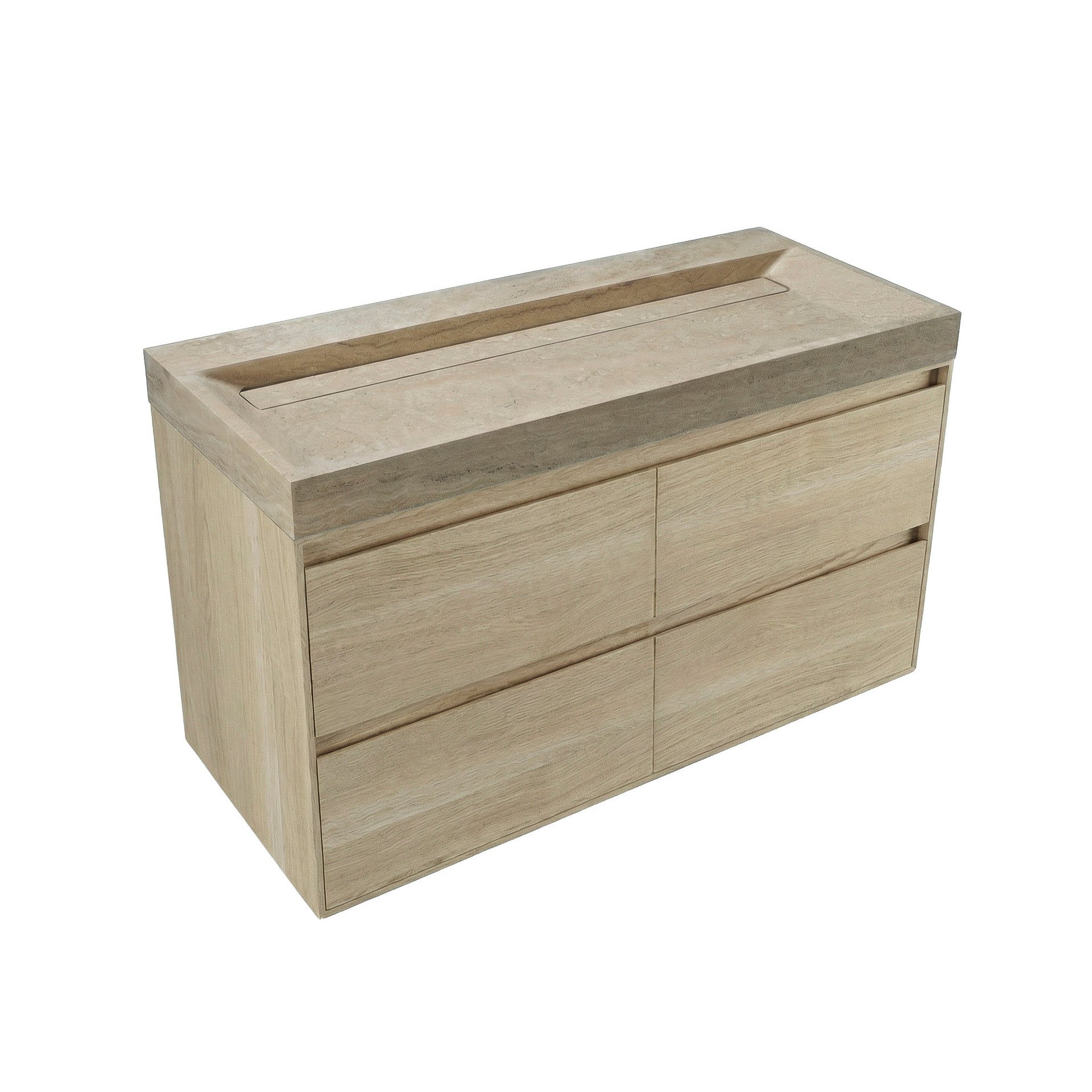 FORZALAQUA IBIZA BELLEZZA Waschbecken mit Unterschrank 120 cm breit, Braun hell, Natursteinwaschbecken Travertin matt ohne Hahnloch, 4 Schubladen