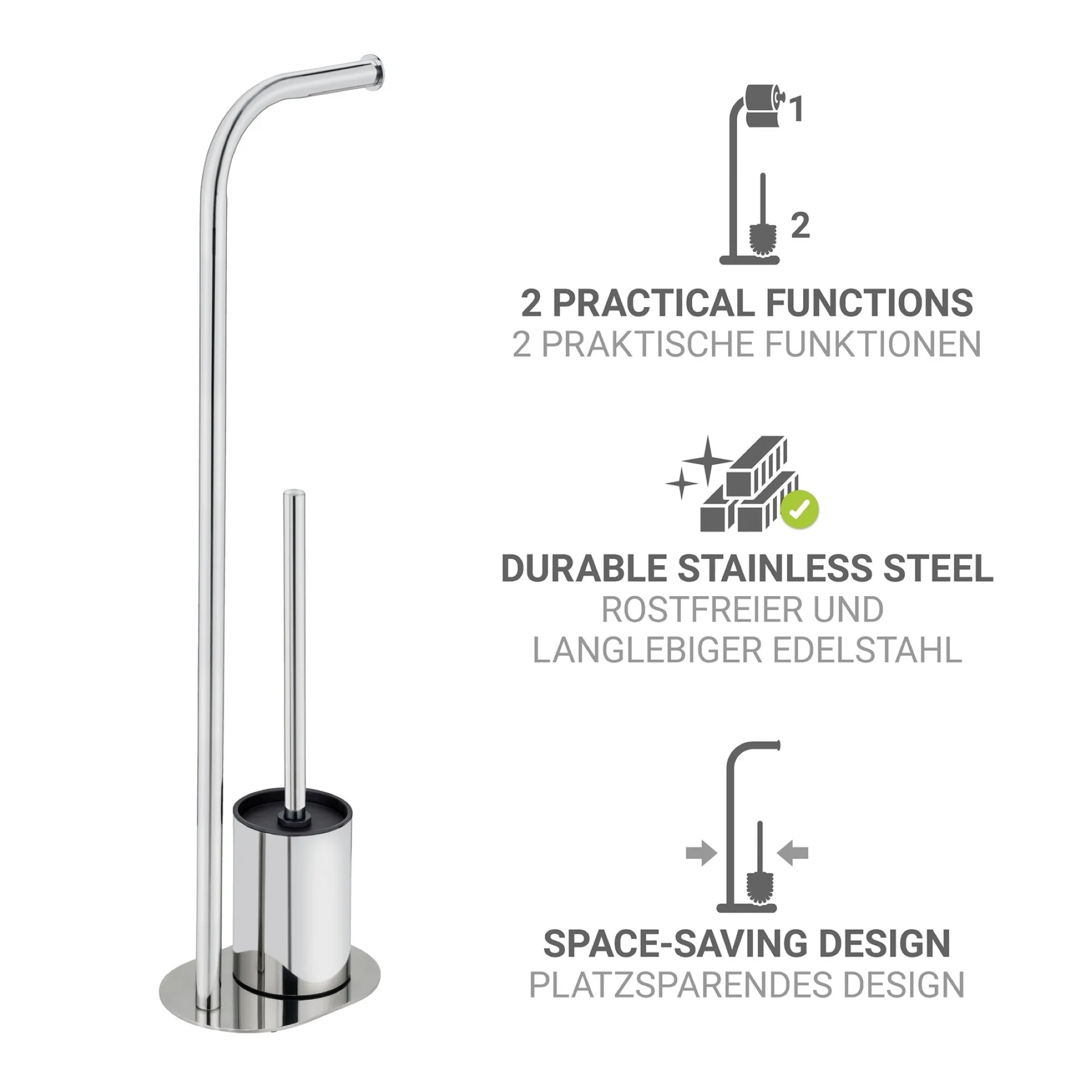 WENKO LEVANTE WC-Garnitur, Silber glänzend, mit Toilettenpapierhalter, stehend