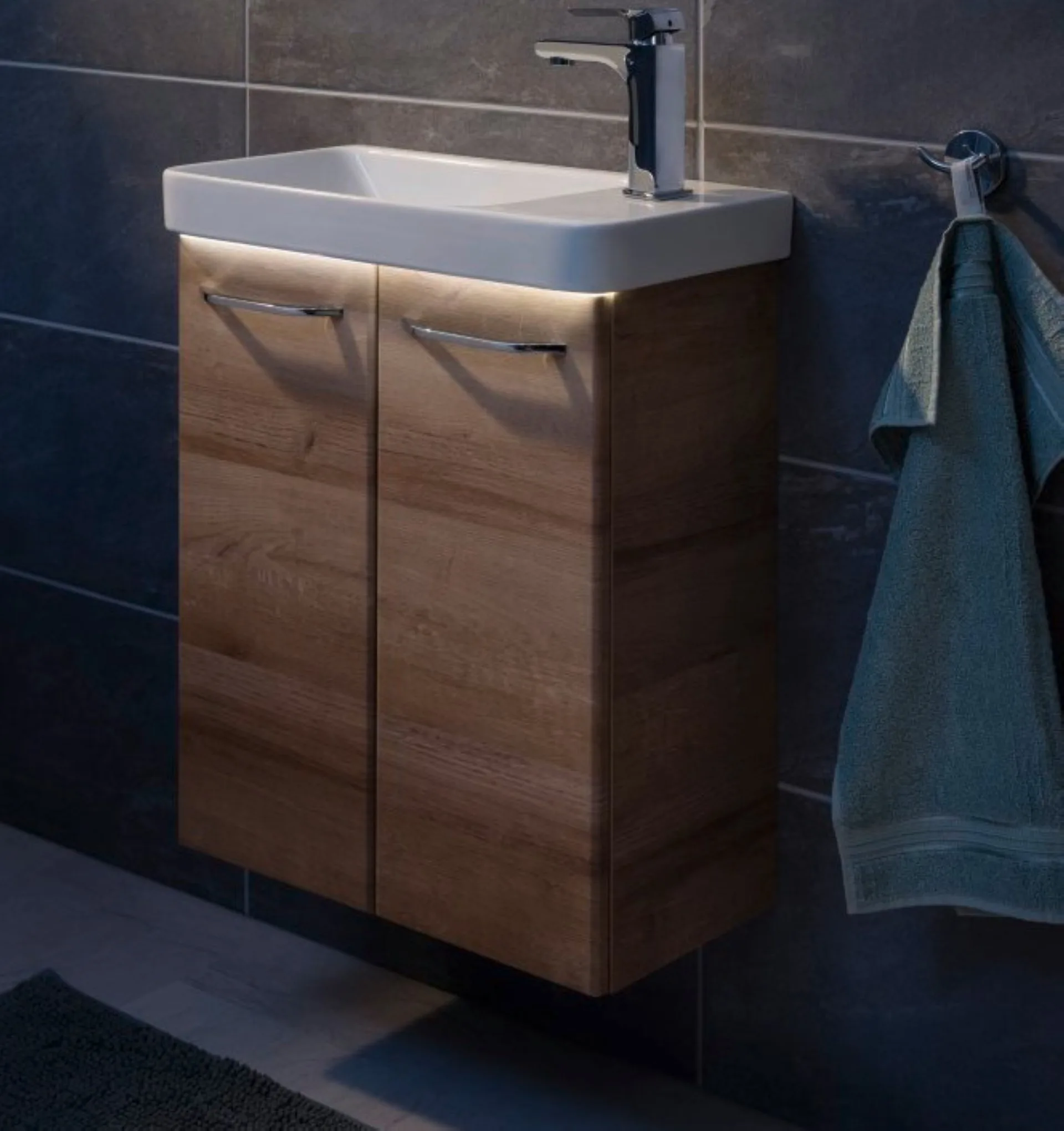 FACKELMANN MILANO Gäste WC Waschtisch Set 55 cm breit, Braun hell, Waschbecken Keramik Weiß + Waschbeckenbeleuchtungun hell, Keramik