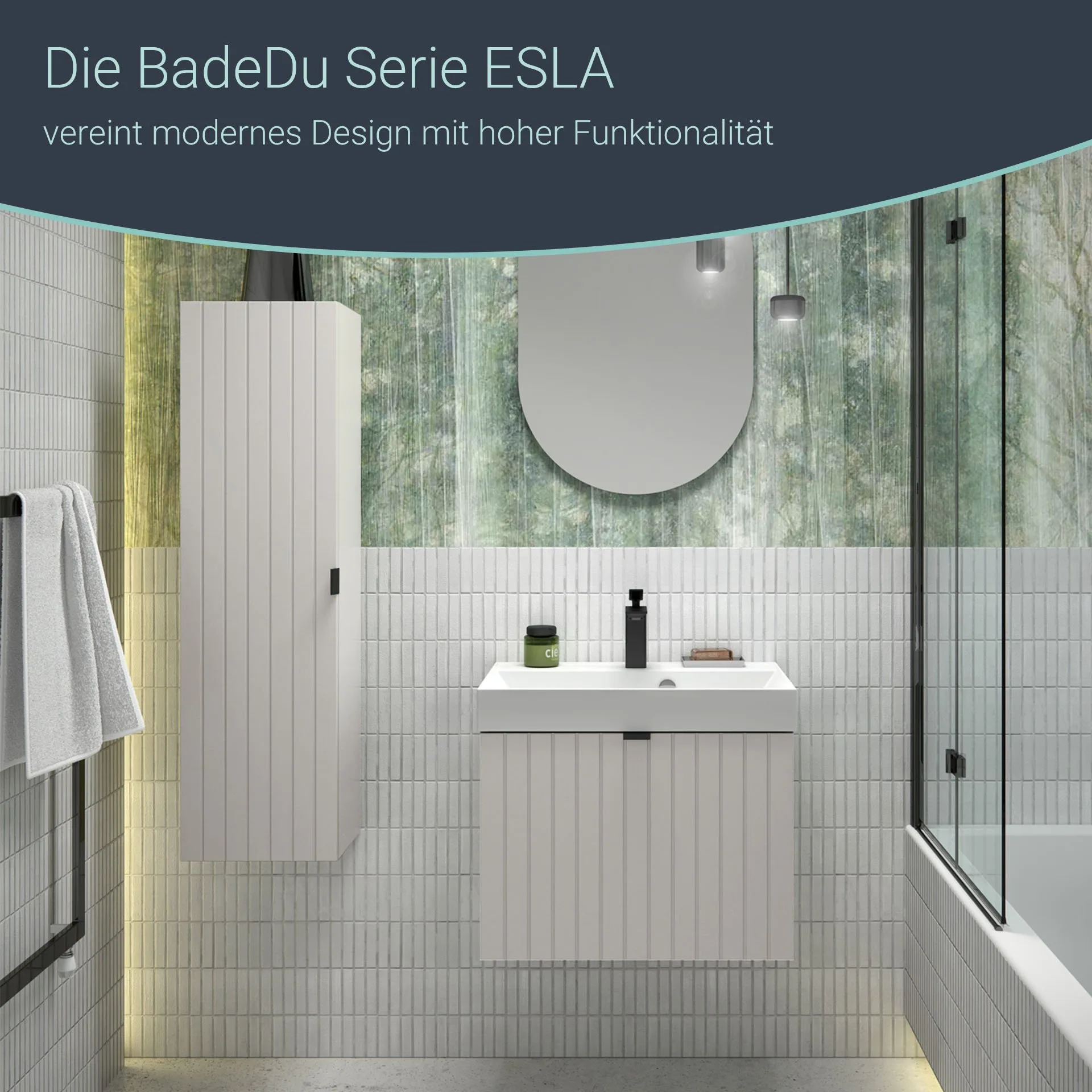 BADEDU ESLA Waschbecken mit Unterschrank 59 cm breit, Grau, Waschbecken Gussmarmor Weiß