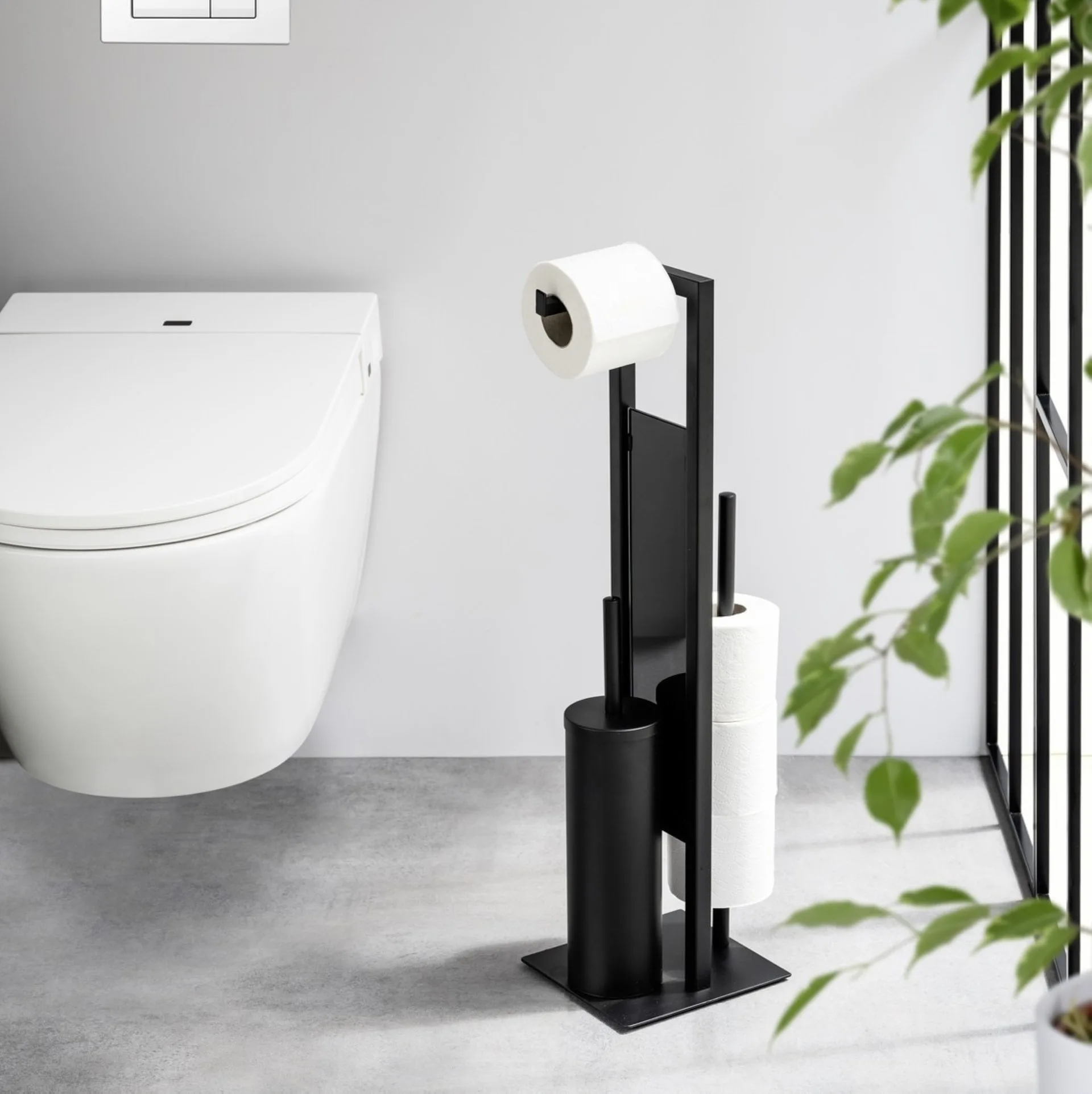 WENKO RIVALTA WC-Garnitur, Schwarz, mit Toilettenpapierhalter und Bevorrater, stehend