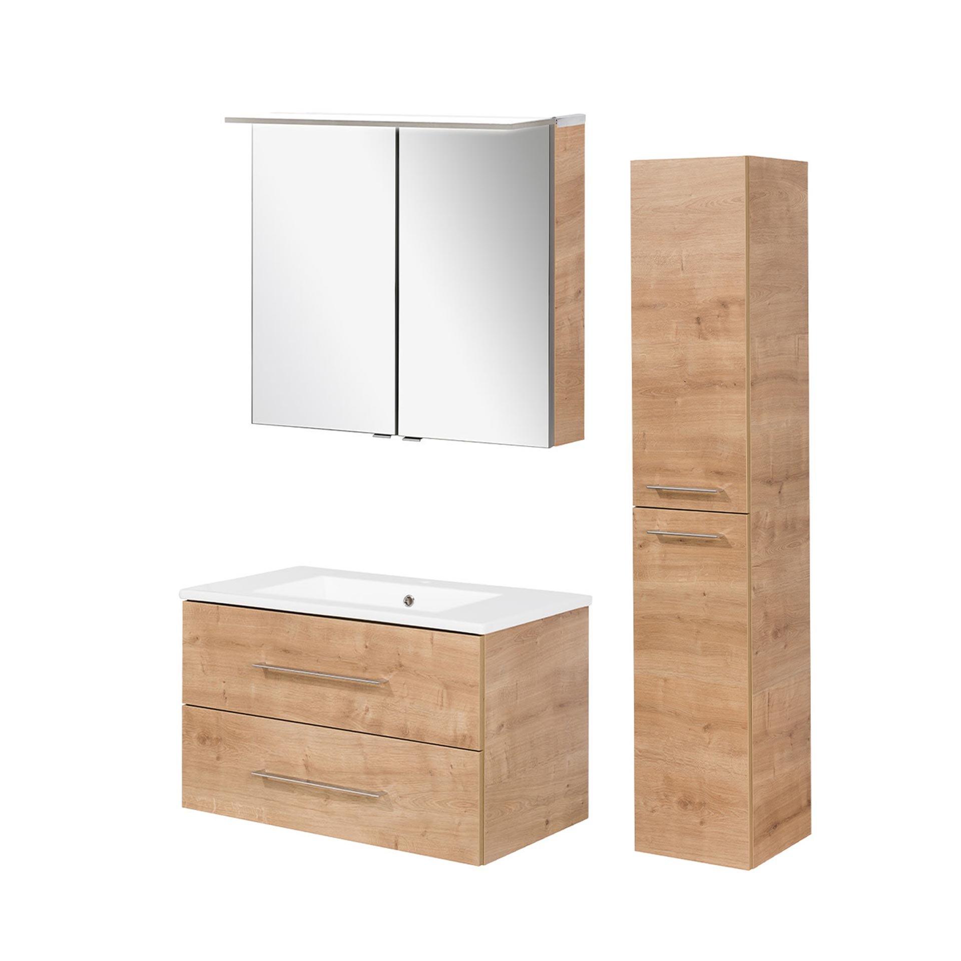 FACKELMANN B.PERFEKT Badmöbel Set 4-teilig 82 cm breit, Braun hell, Waschbecken Keramik Weiß + LED Spiegelschrank + Hochschrank