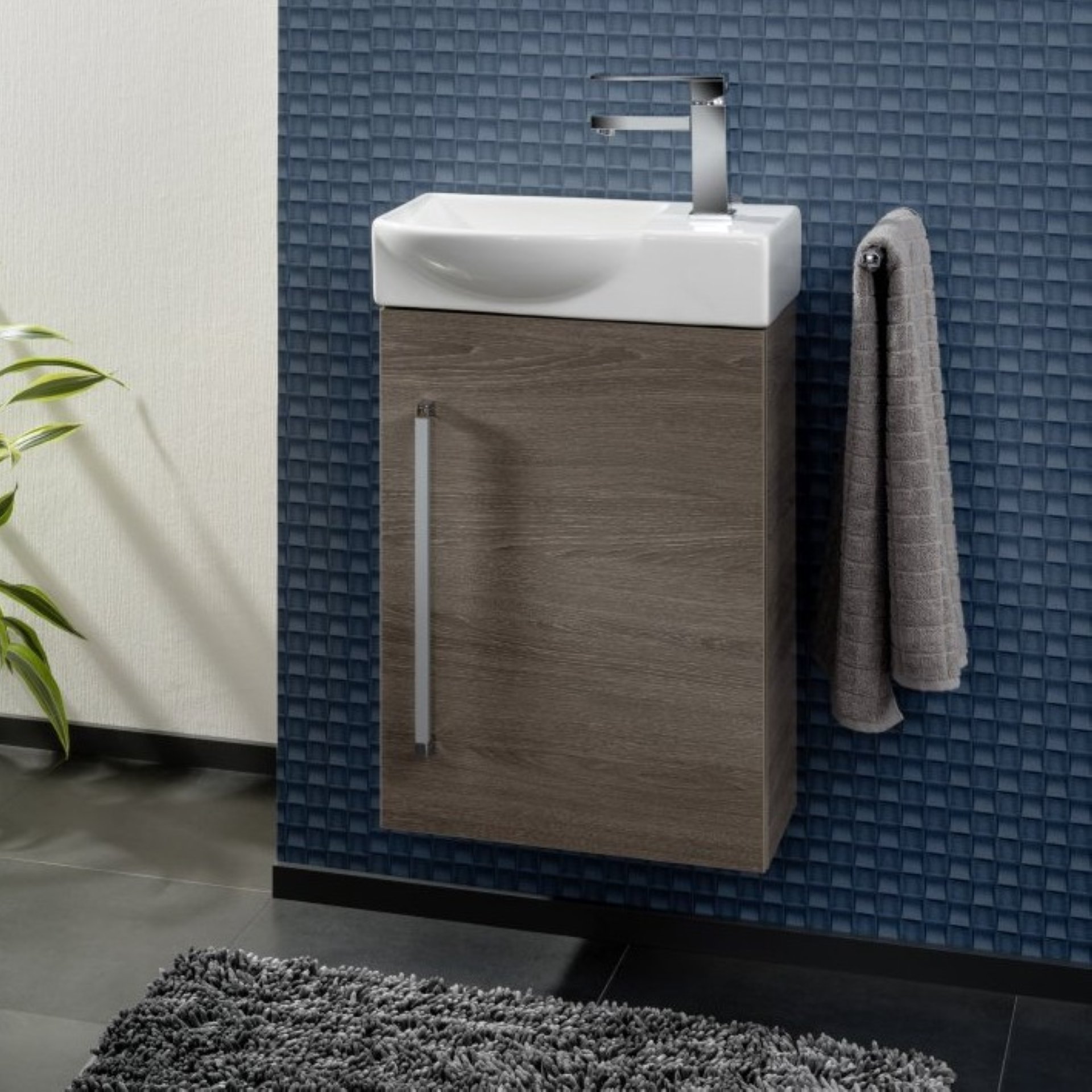 LANZET K3 Gäste WC Waschtisch Set 45 cm breit, Braun dunkel, Waschbecken Keramik Weiß, Türanschlag rechts