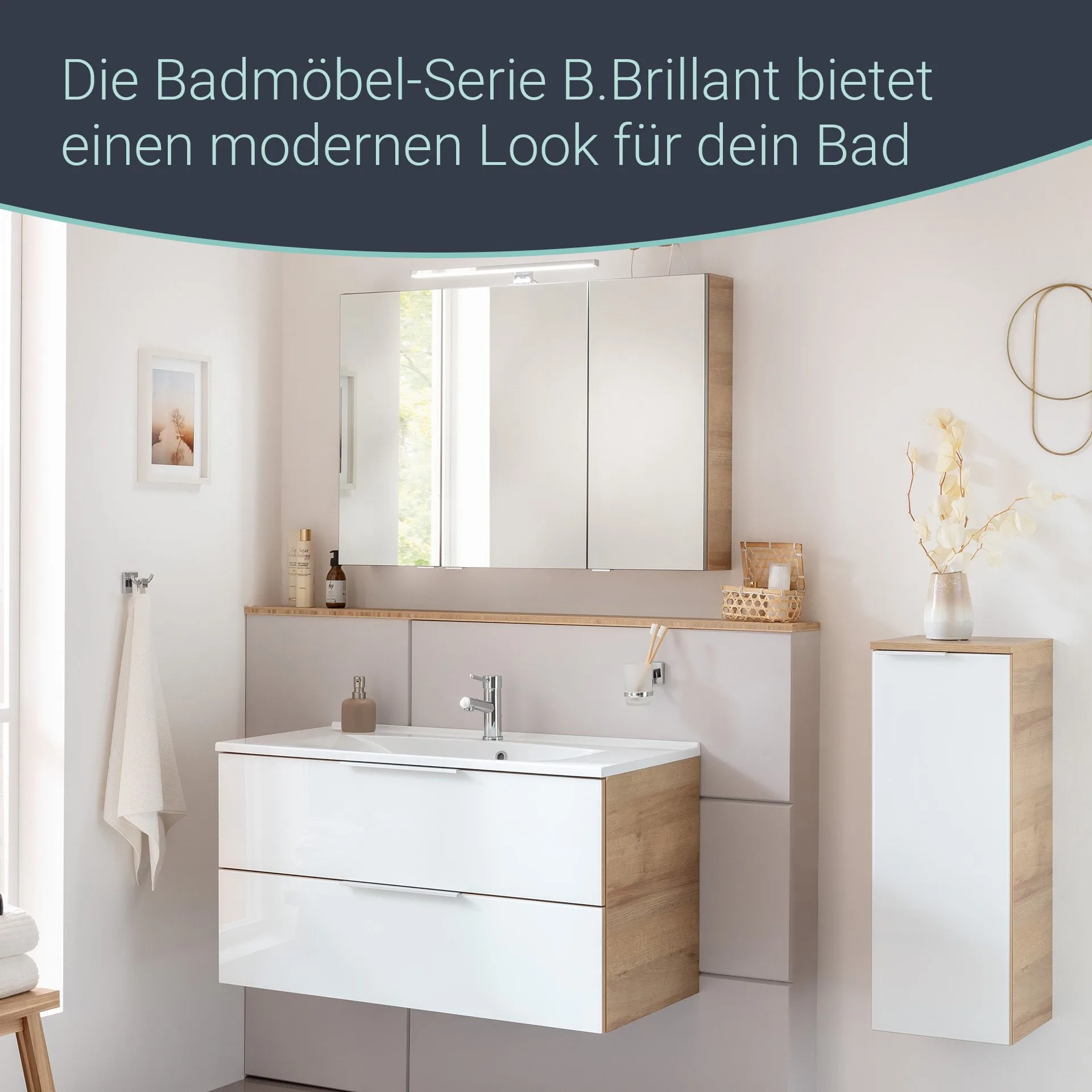 FACKELMANN B.BRILLANT Waschbecken mit Unterschrank 100 cm breit, Weiß Glas/Braun hell, Waschbecken Gussmarmor Weiß
