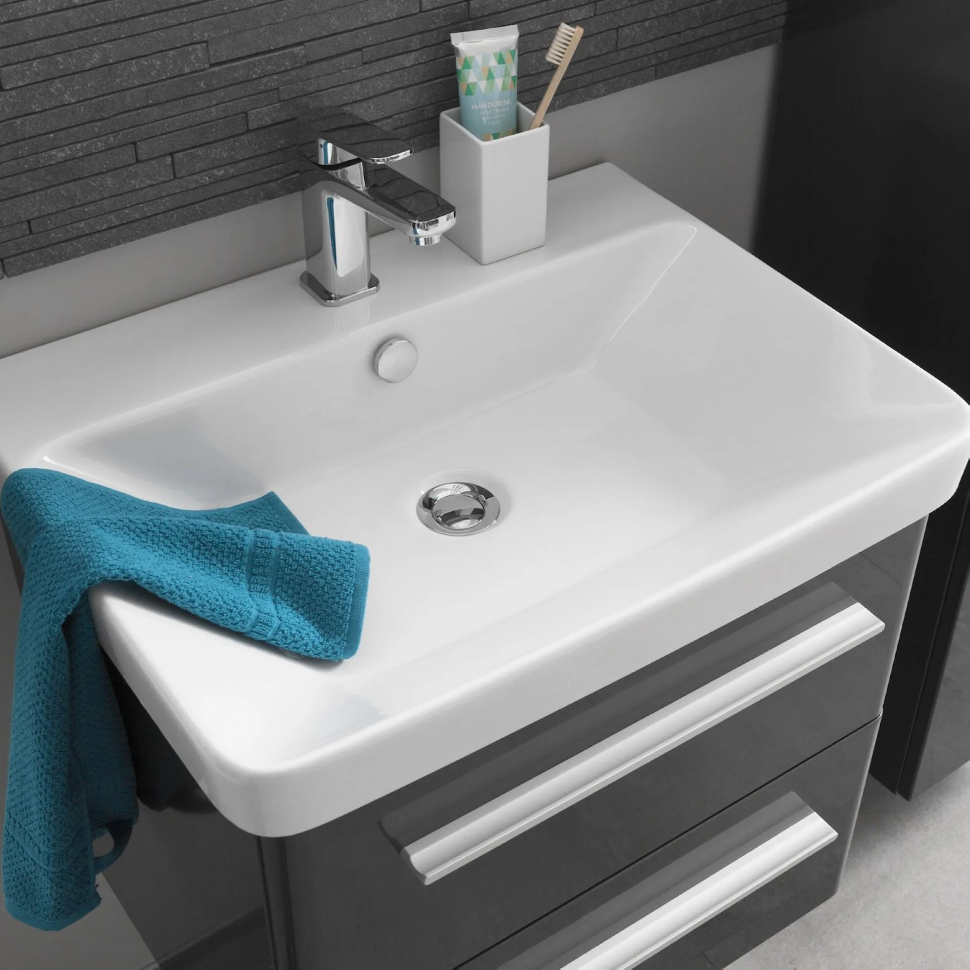 LANZET K8 Waschtisch Set mit Spiegel 60 cm breit, Anthrazit, Waschbecken Keramik Weiß