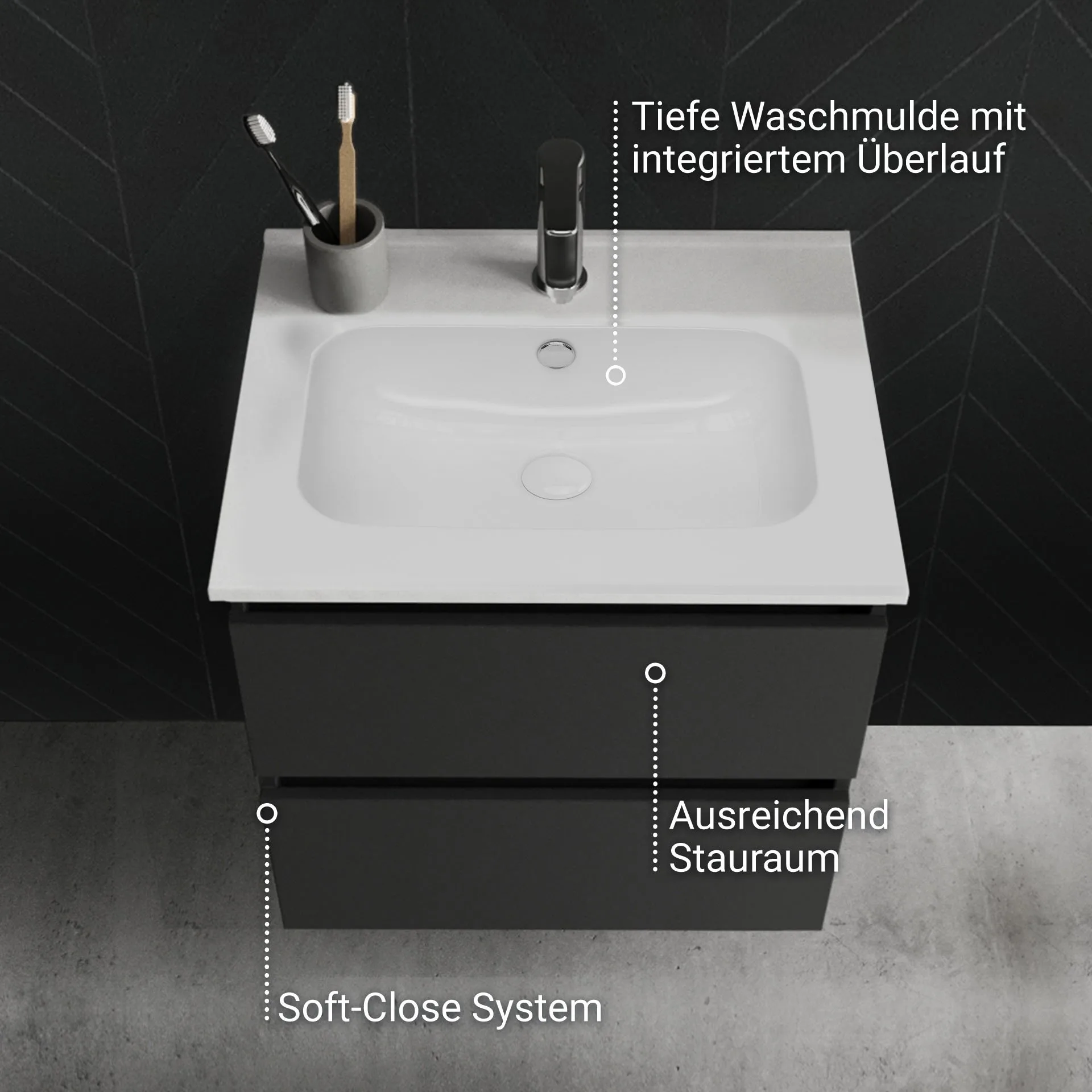 BADEDU GERS Waschbecken mit Unterschrank 60 cm breit, Grau, Waschbecken Keramik Weiß