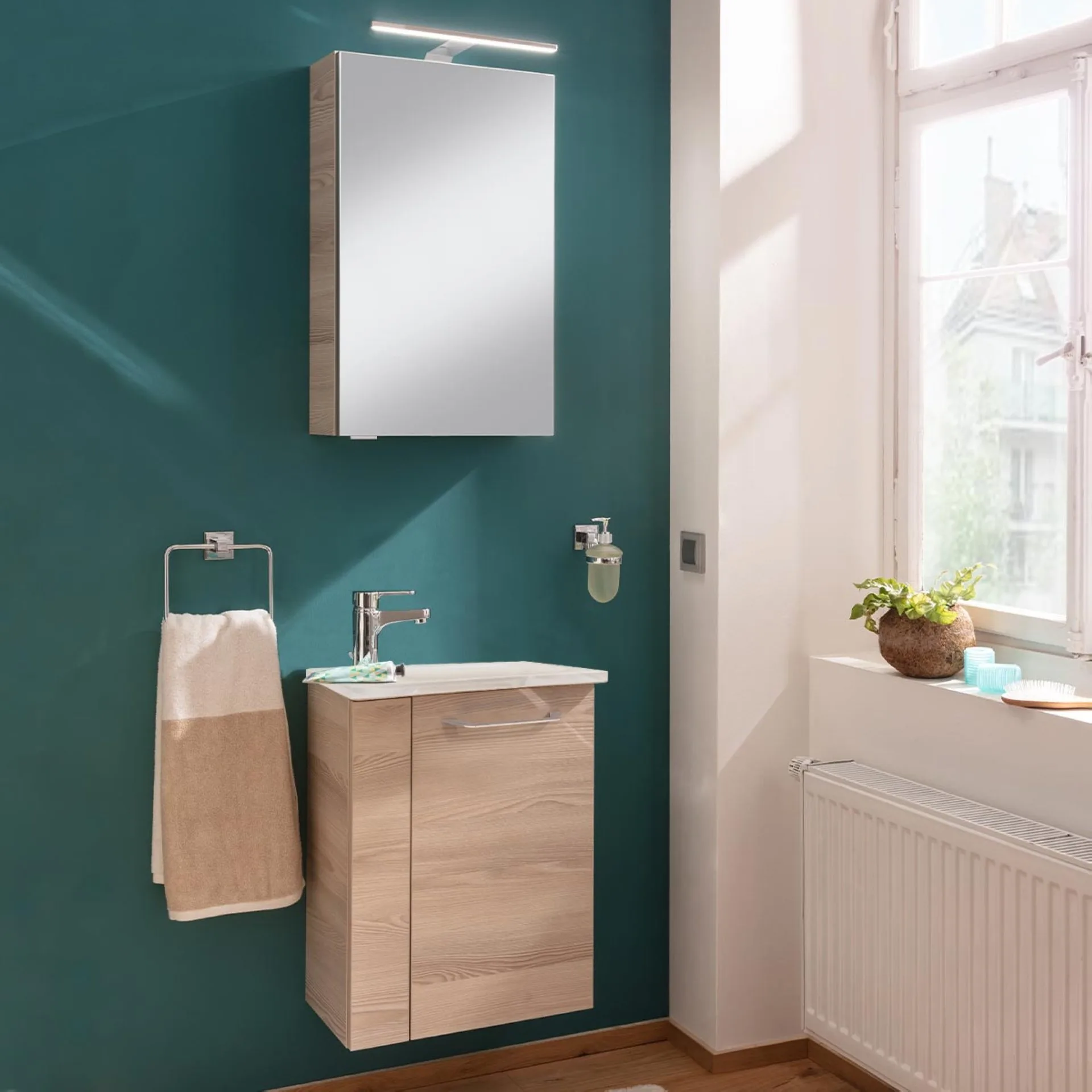 FACKELMANN SBC B.CLEVER Gäste WC Waschtisch Set 45 cm breit, Braun hell, Waschbecken Glas Weiß, Türanschlag rechts