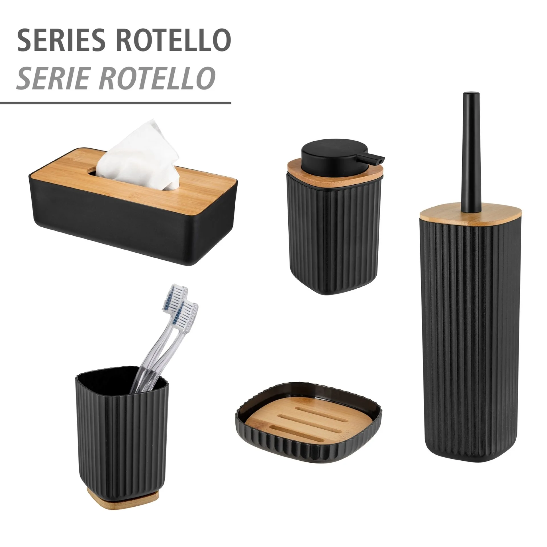 WENKO ROTELLO WC-Garnitur, Schwarz/Braun, mit Bambusdeckel