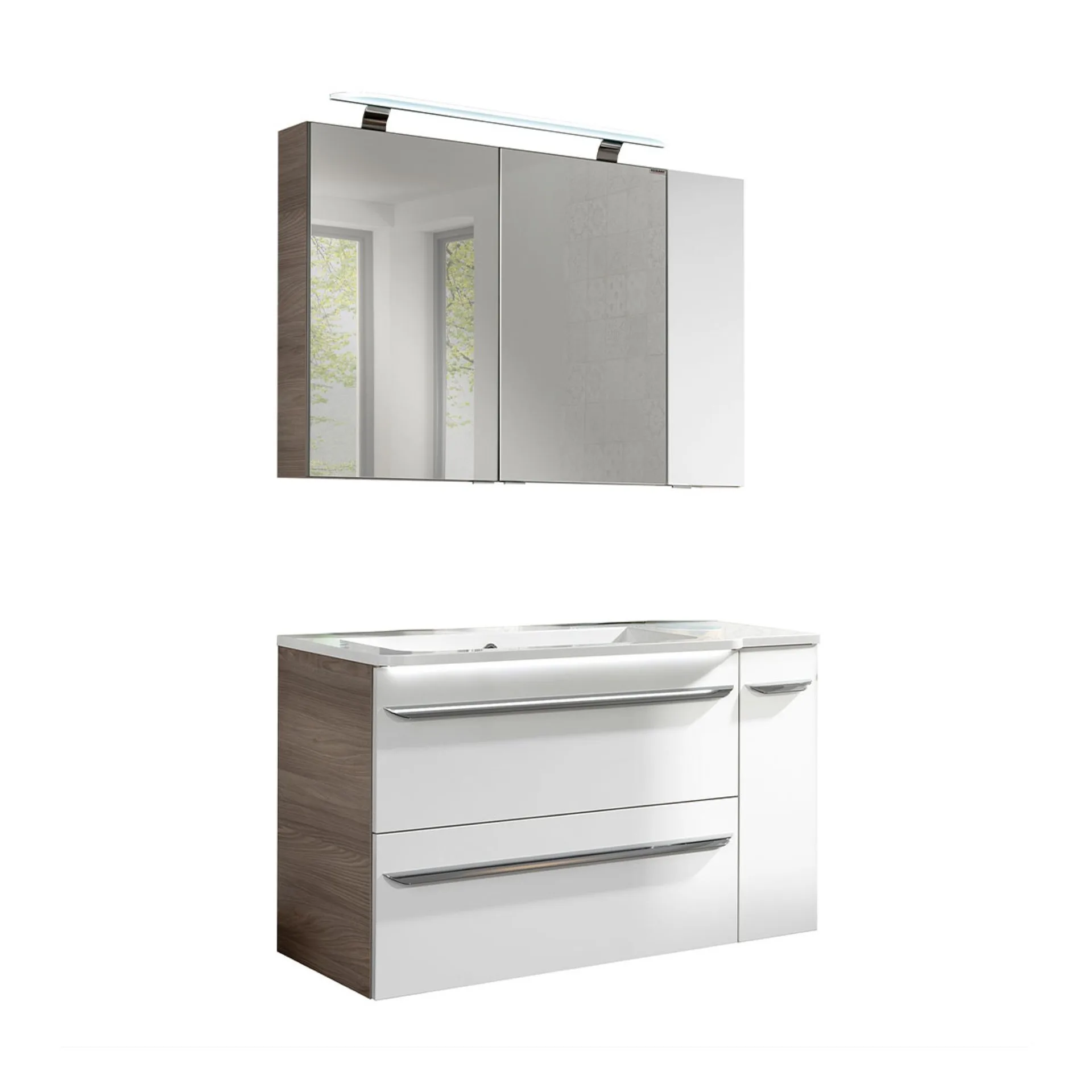 FACKELMANN LUXOR Badmöbel Set 5-teilig 100 cm breit, Weiß/Braun hell, Waschbecken Gussmarmor Weiß + LED Spiegelschrank + Unterschrank + Hängeschrank Türanschlag rechts