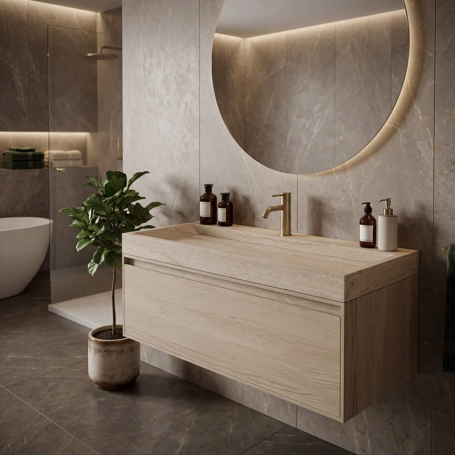 FORZALAQUA IBIZA BELLEZZA Waschbecken mit Unterschrank 100 cm breit, Braun hell, Natursteinwaschbecken Travertin matt mit Hahnloch, 1 Schublade