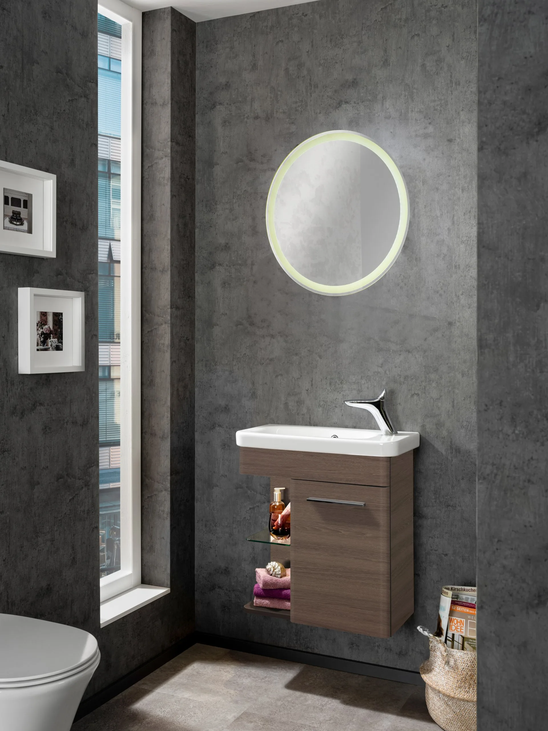 LANZET K8 Gäste WC Waschtisch Set 60 cm breit, Braun dunkel, Waschbecken Keramik Weiß, Türanschlag rechts