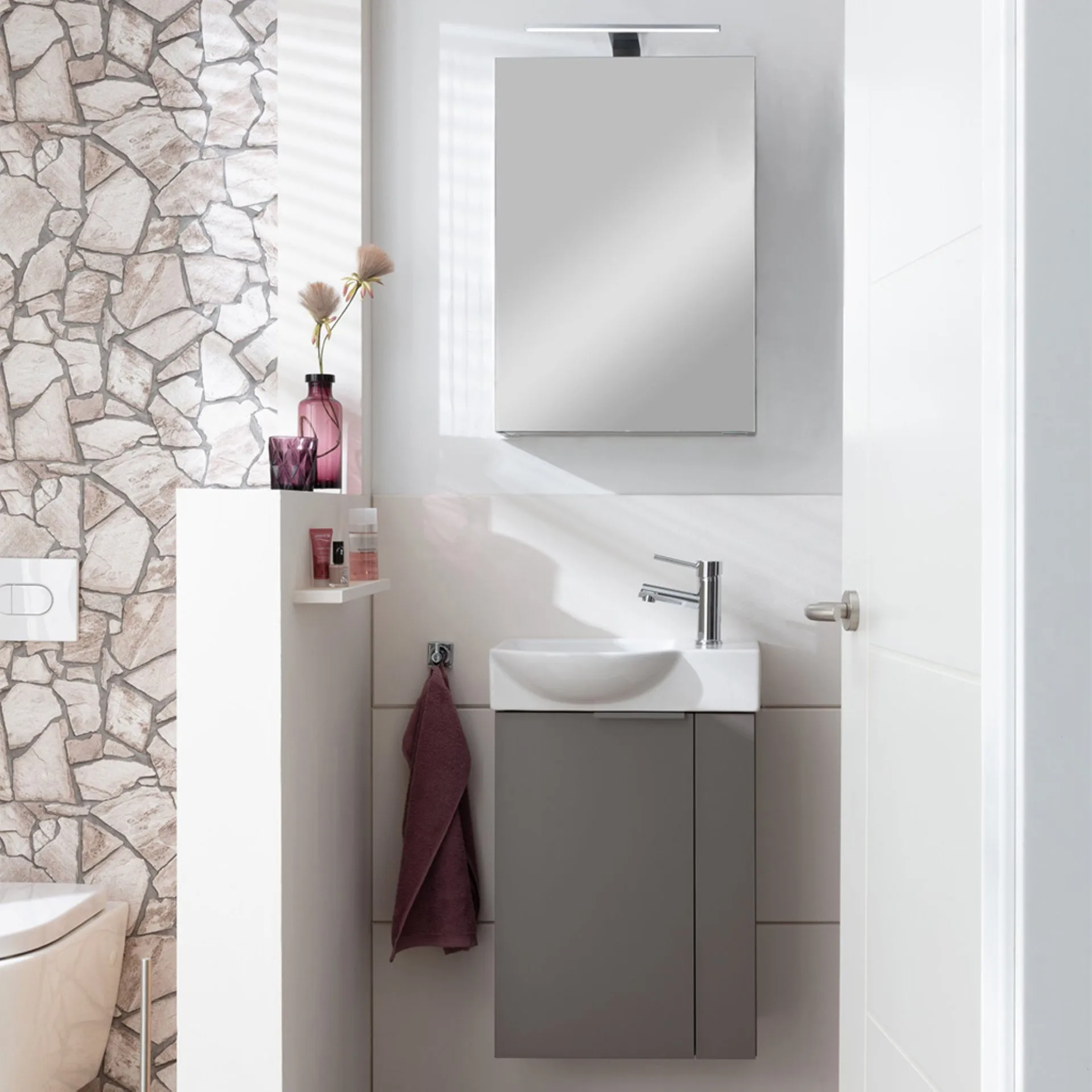 FACKELMANN SBC B.PARIS Gäste WC Waschtisch Set mit Spiegelschrank 45 cm breit, Grau, Türanschlag links