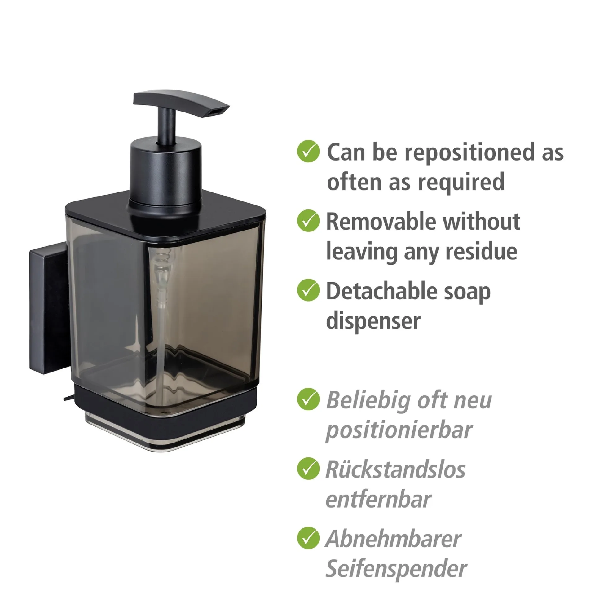 WENKO QUADRO Seifenspender 340 ml, Schwarz, Edelstahl rostfrei, Vacuum-Loc