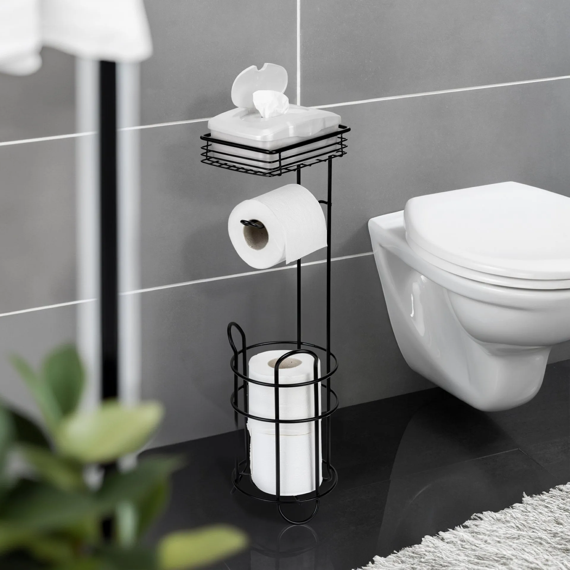 WENKO Toilettenpapierhalter, Schwarz, mit Bevorrater und Ablage