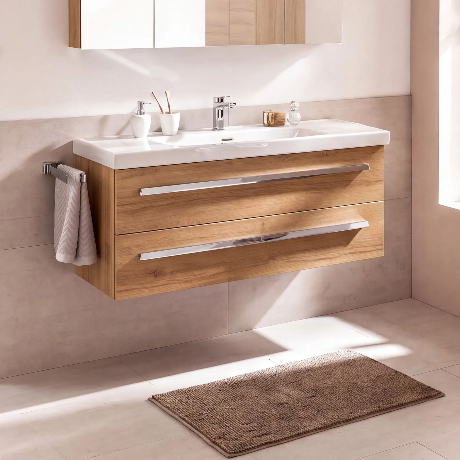 BADEDU TESSANO Waschbecken mit Unterschrank 120 cm breit, Braun hell, Waschbecken Keramik Weiß