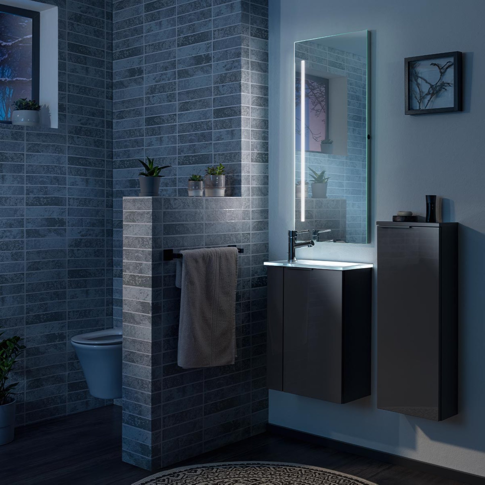 FACKELMANN SBC LUNA Gäste WC Waschtisch Set 45 cm breit, Anthrazit, Waschbecken Glas Weiß, Türanschlag rechts