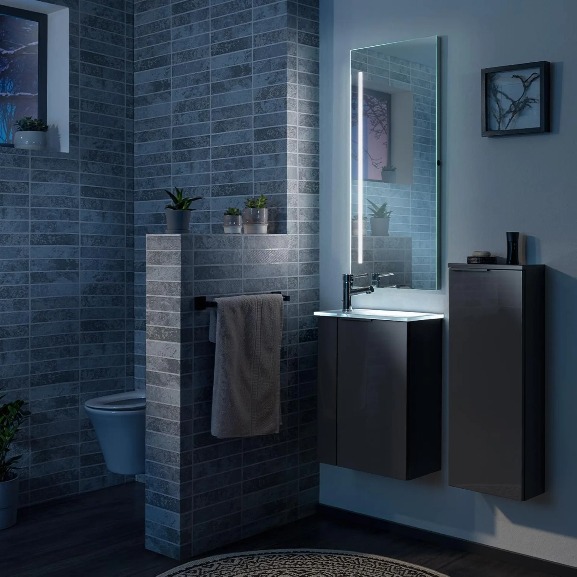 FACKELMANN SBC LUNA Gäste WC Waschtisch Set 45 cm breit, Anthrazit, Waschbecken Glas Weiß, Türanschlag rechts