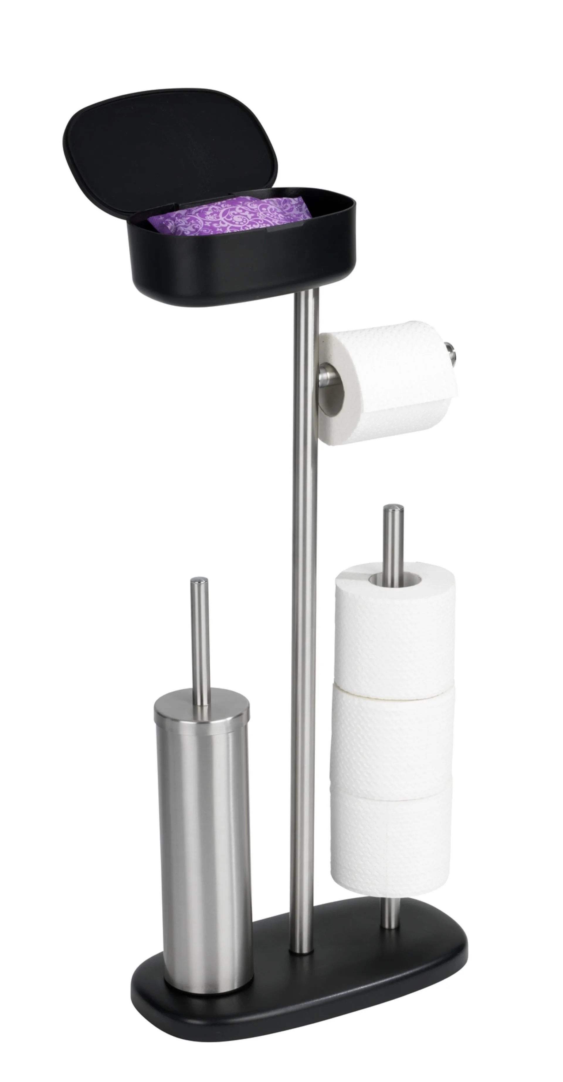 WENKO RIVAZZA WC-Garnitur, Schwarz/Silber, mit Toilettenpapierhalter, Bevorrater und Ablage, stehend